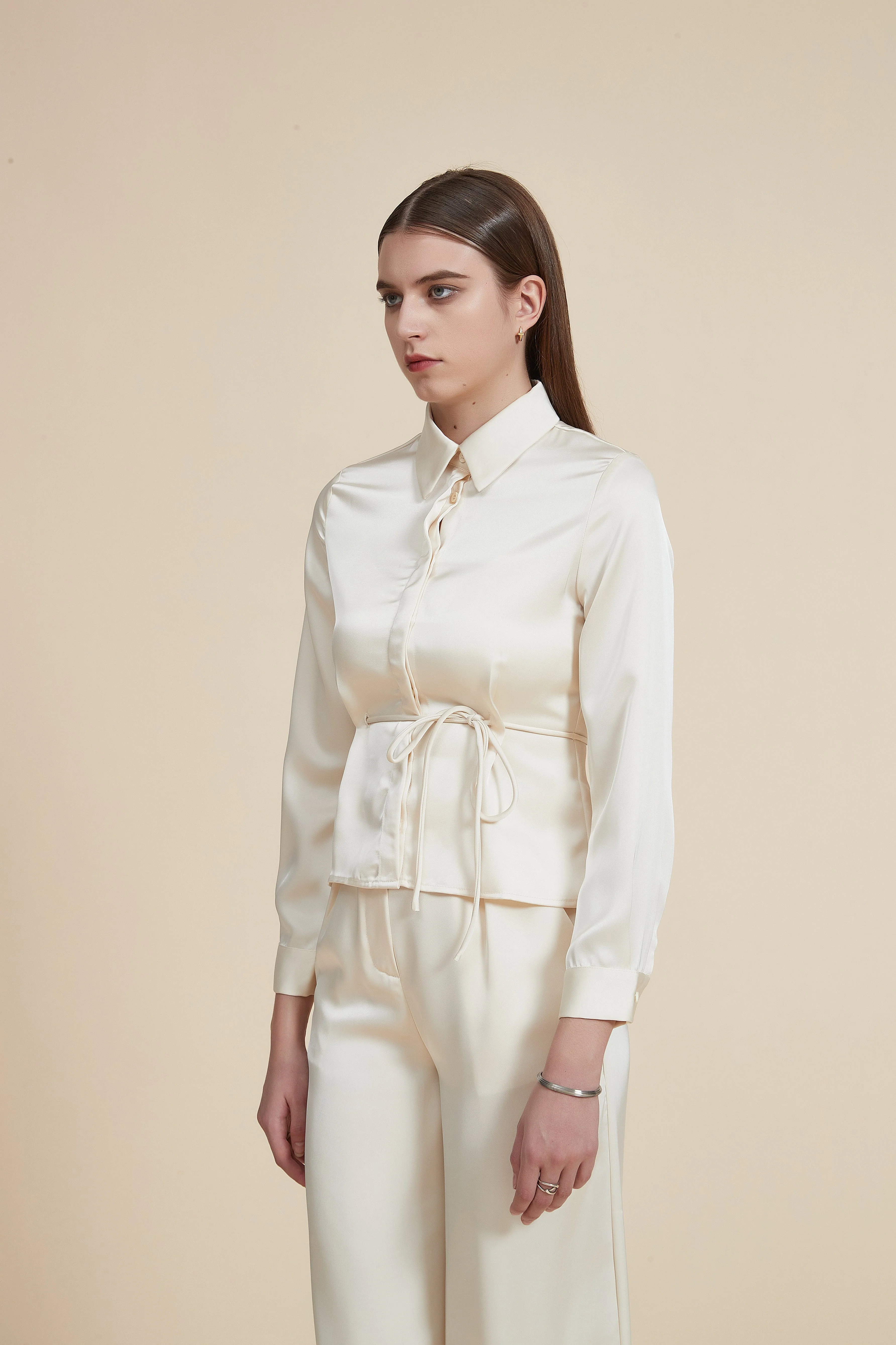 Long Sleeve Waist-Length Blouse with Plain Shirt Collar - Image 5