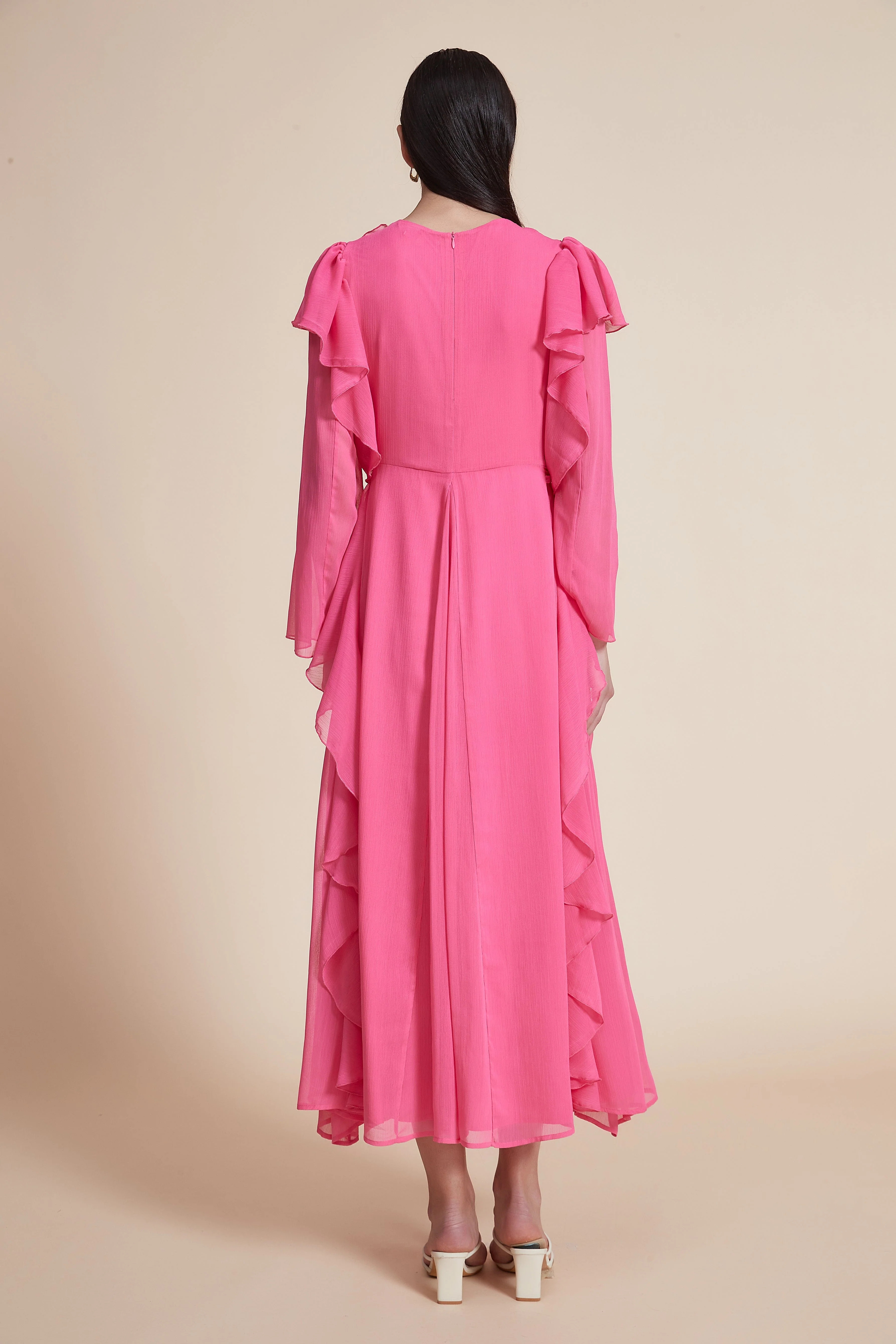 Solid Long Ruffled Dress with Long Sleeves and Round Neck - Image 3