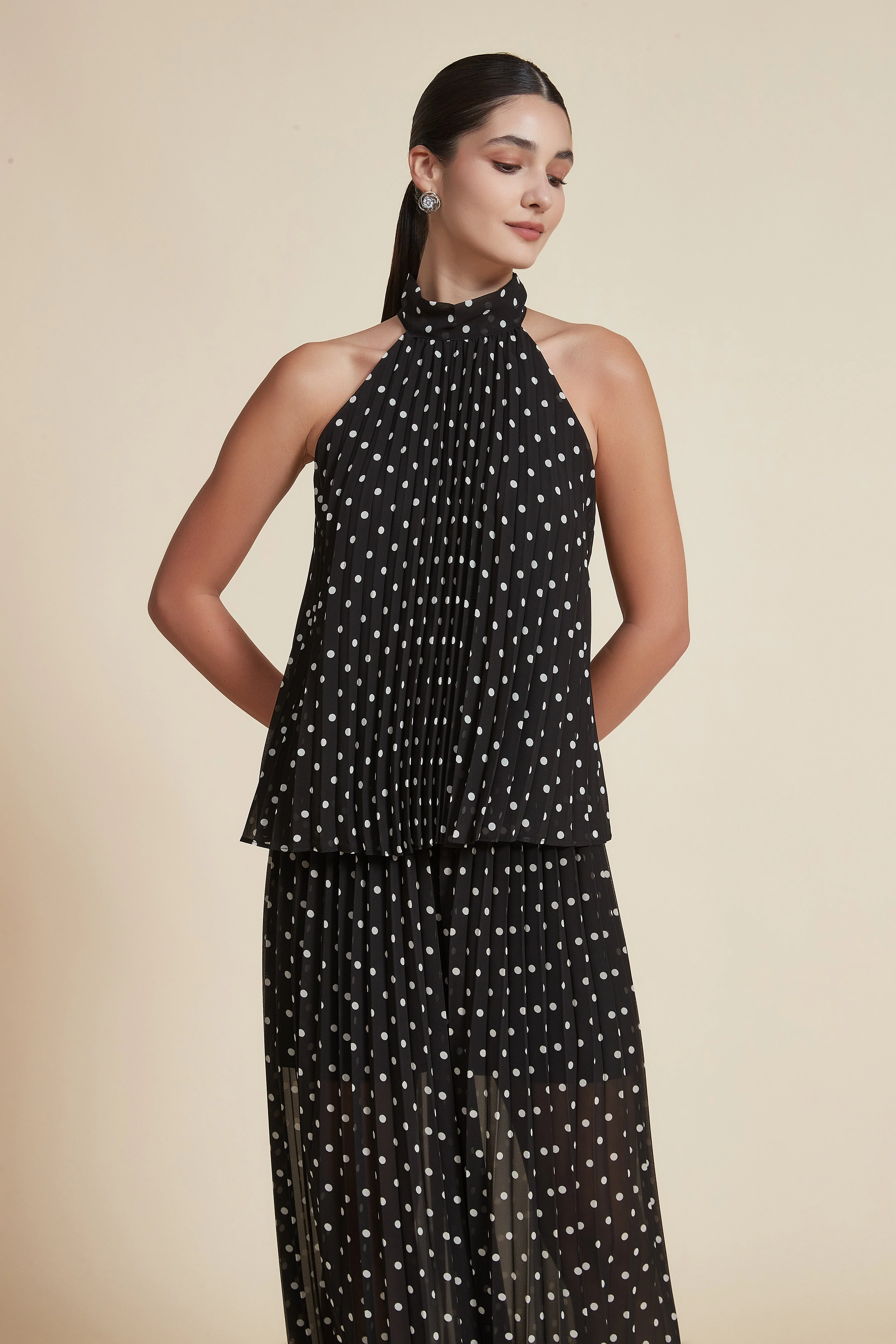 Polka Dot Ruffled Halter Neck Sleeveless Blouse