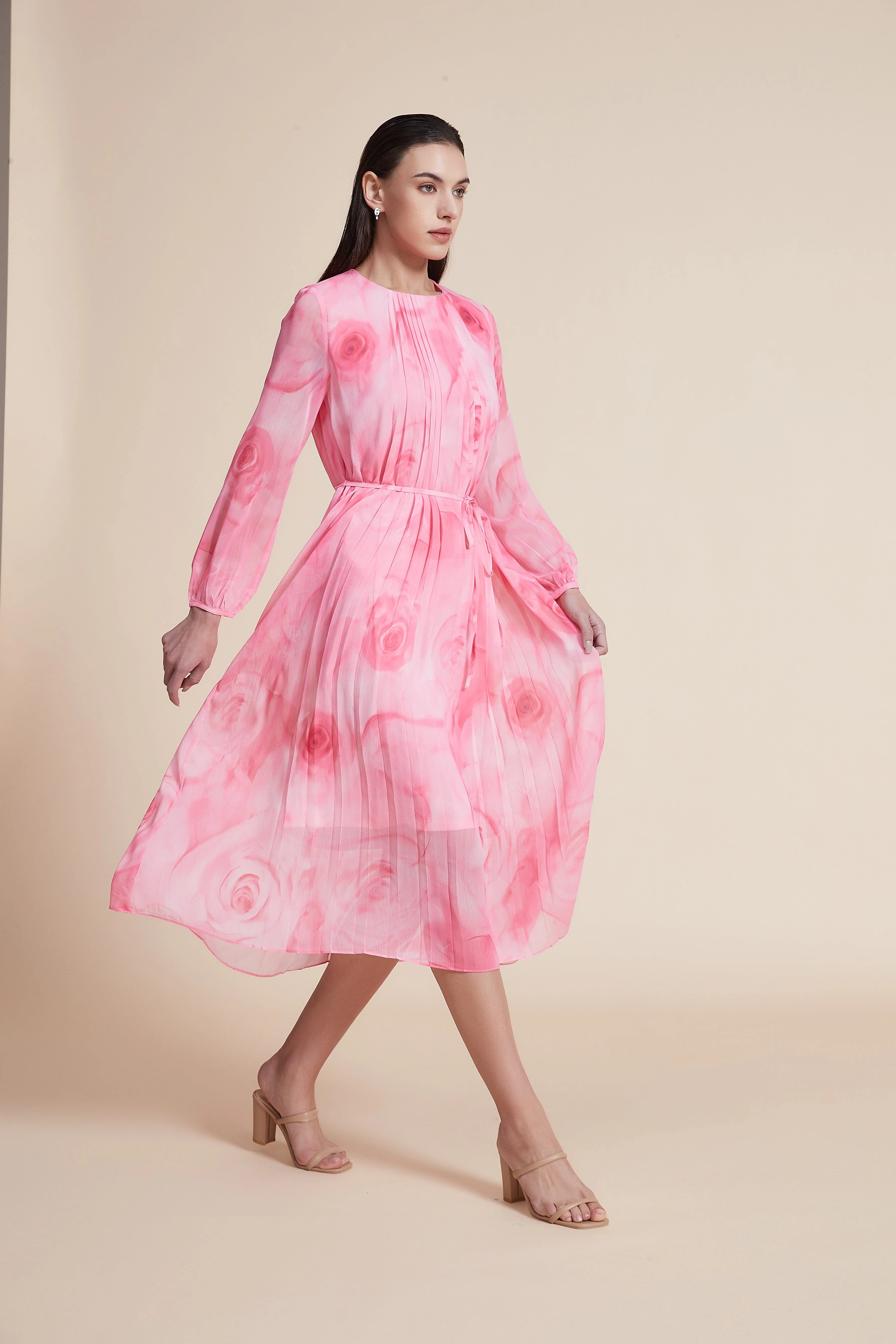 Long Sleeve Midi Dress with Round Neck