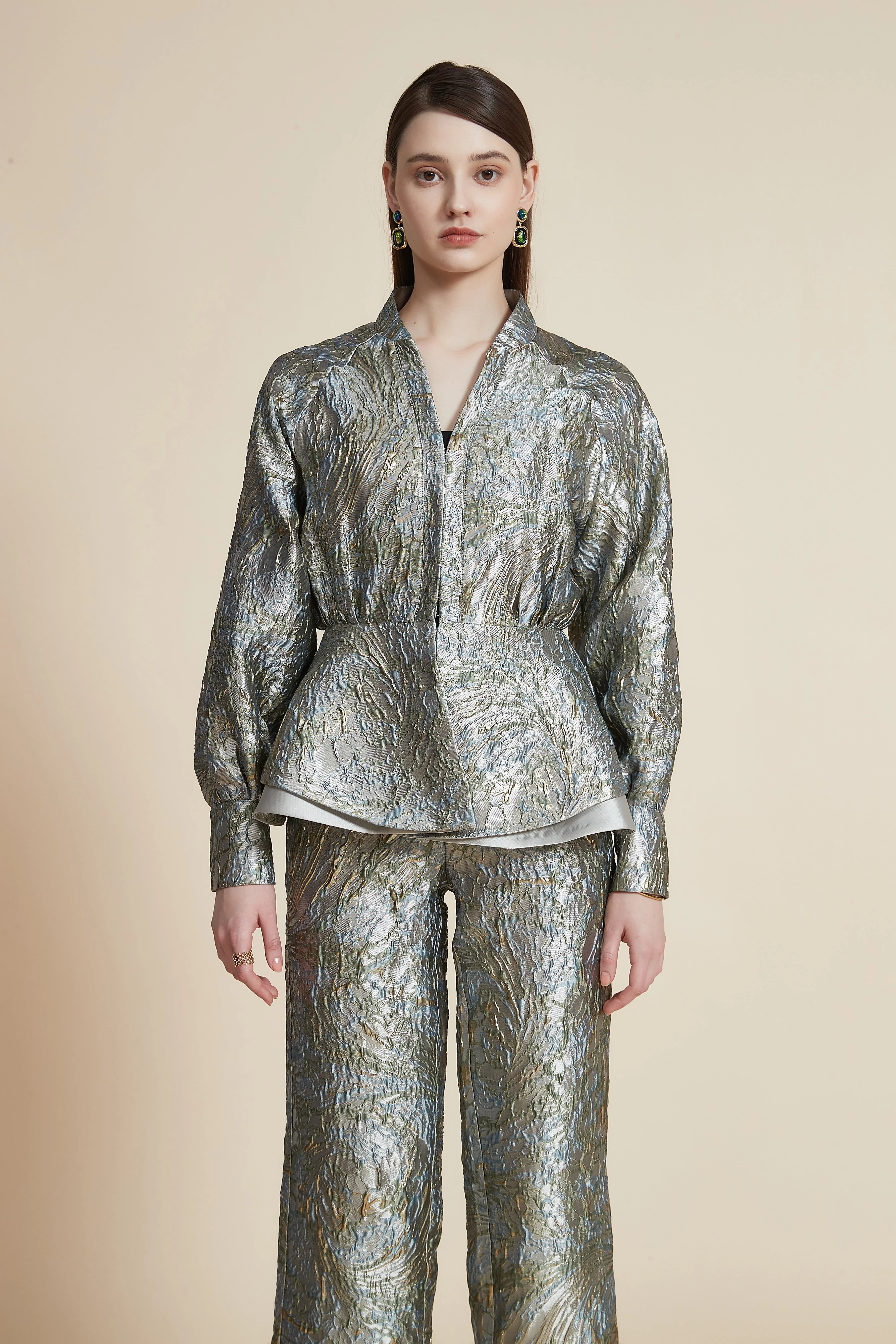 Wide Long-Sleeve Blouse with Embossed Embroidery