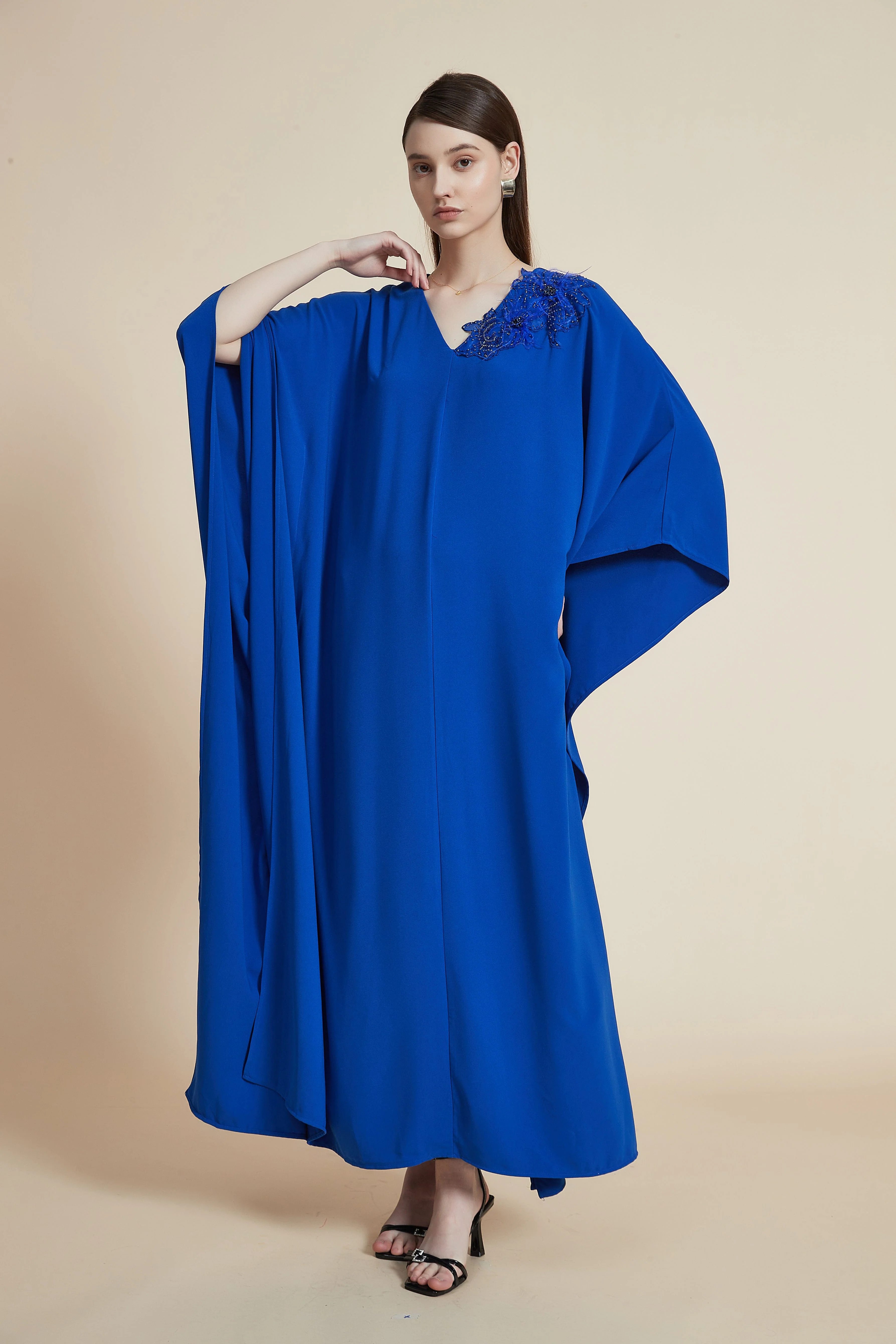 Embroidered Butterfly Sleeve Plain Long Dress with Floral Shoulder Detail