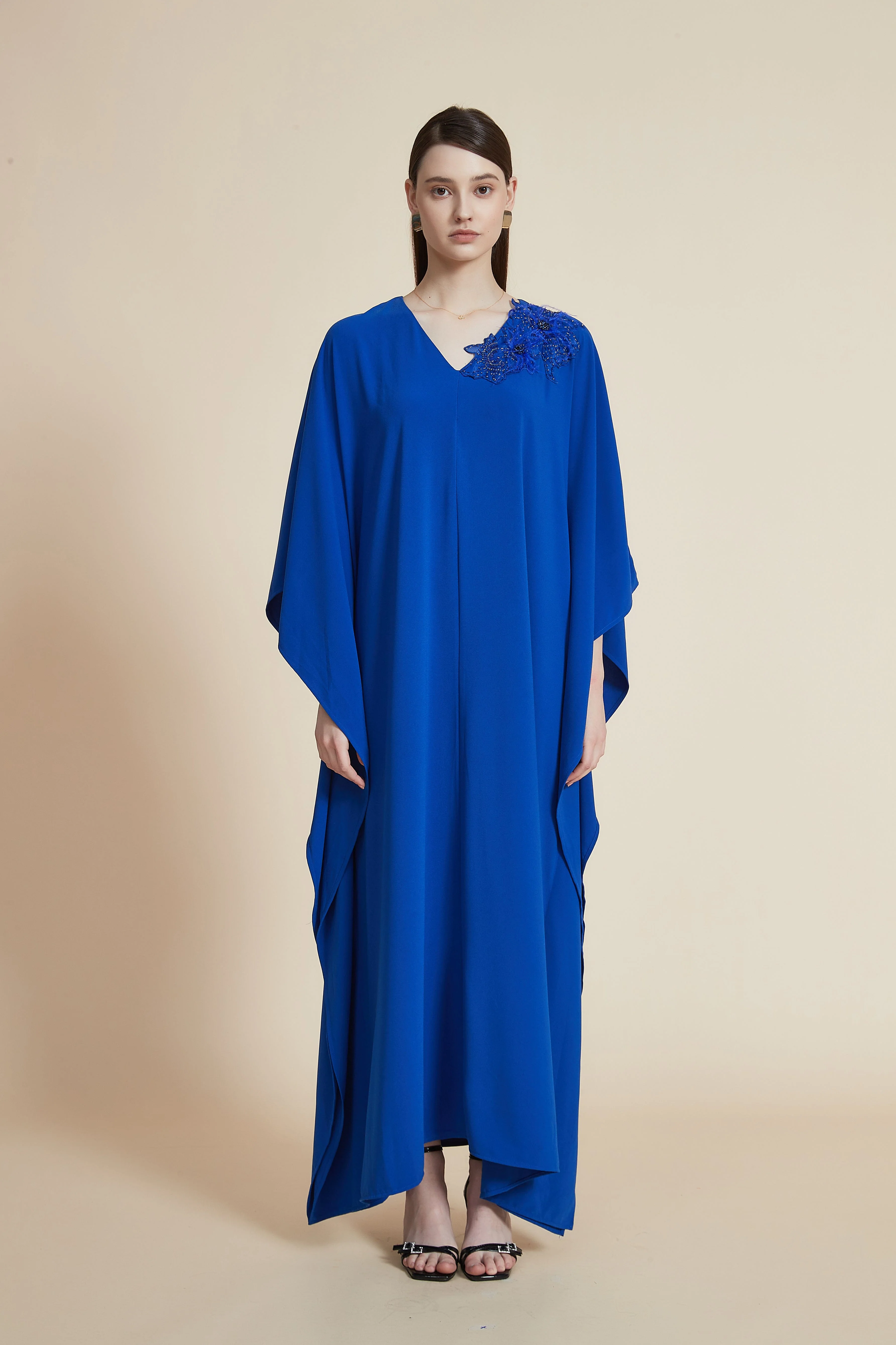 Embroidered Butterfly Sleeve Plain Long Dress with Floral Shoulder Detail - Image 2
