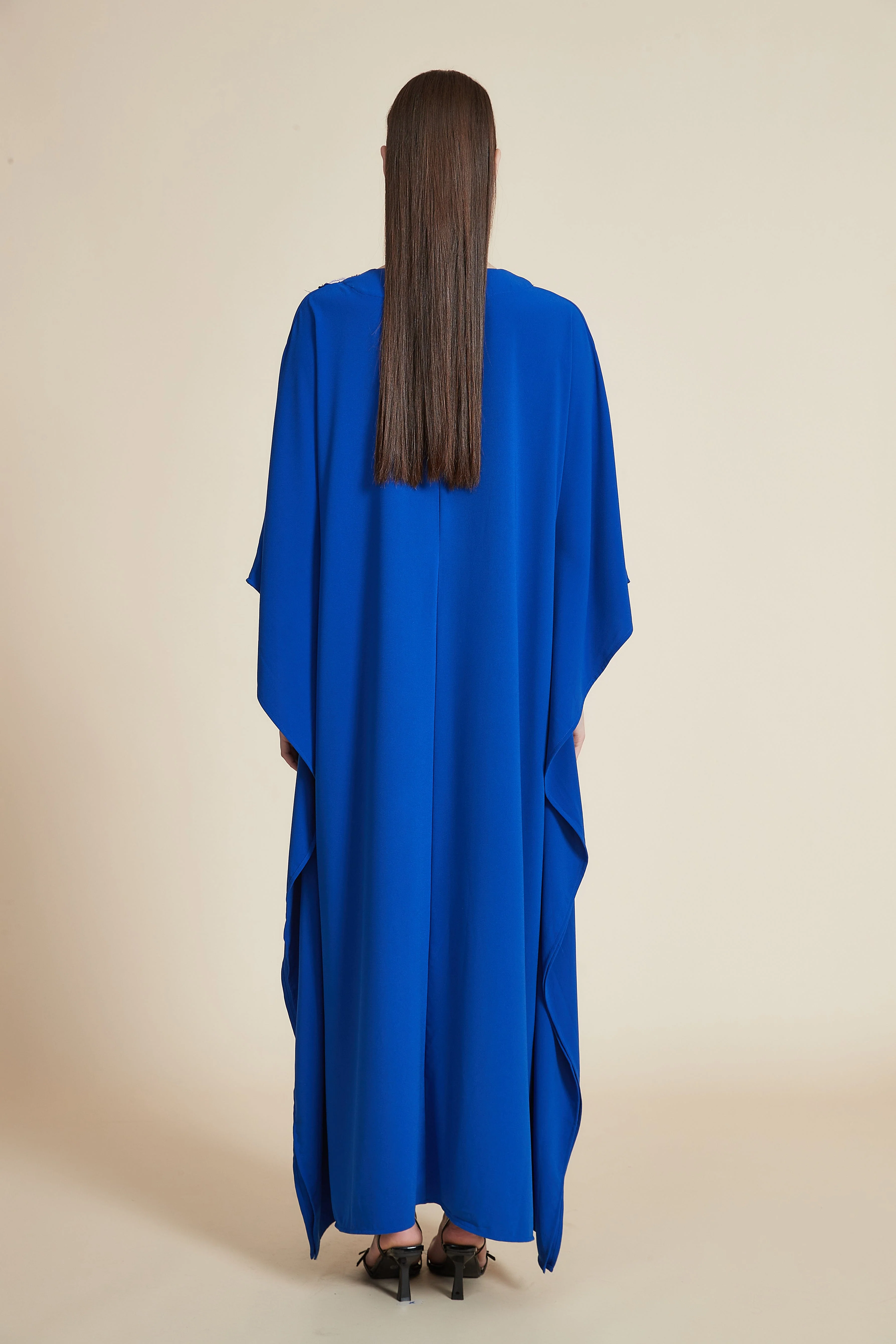 Embroidered Butterfly Sleeve Plain Long Dress with Floral Shoulder Detail - Image 3