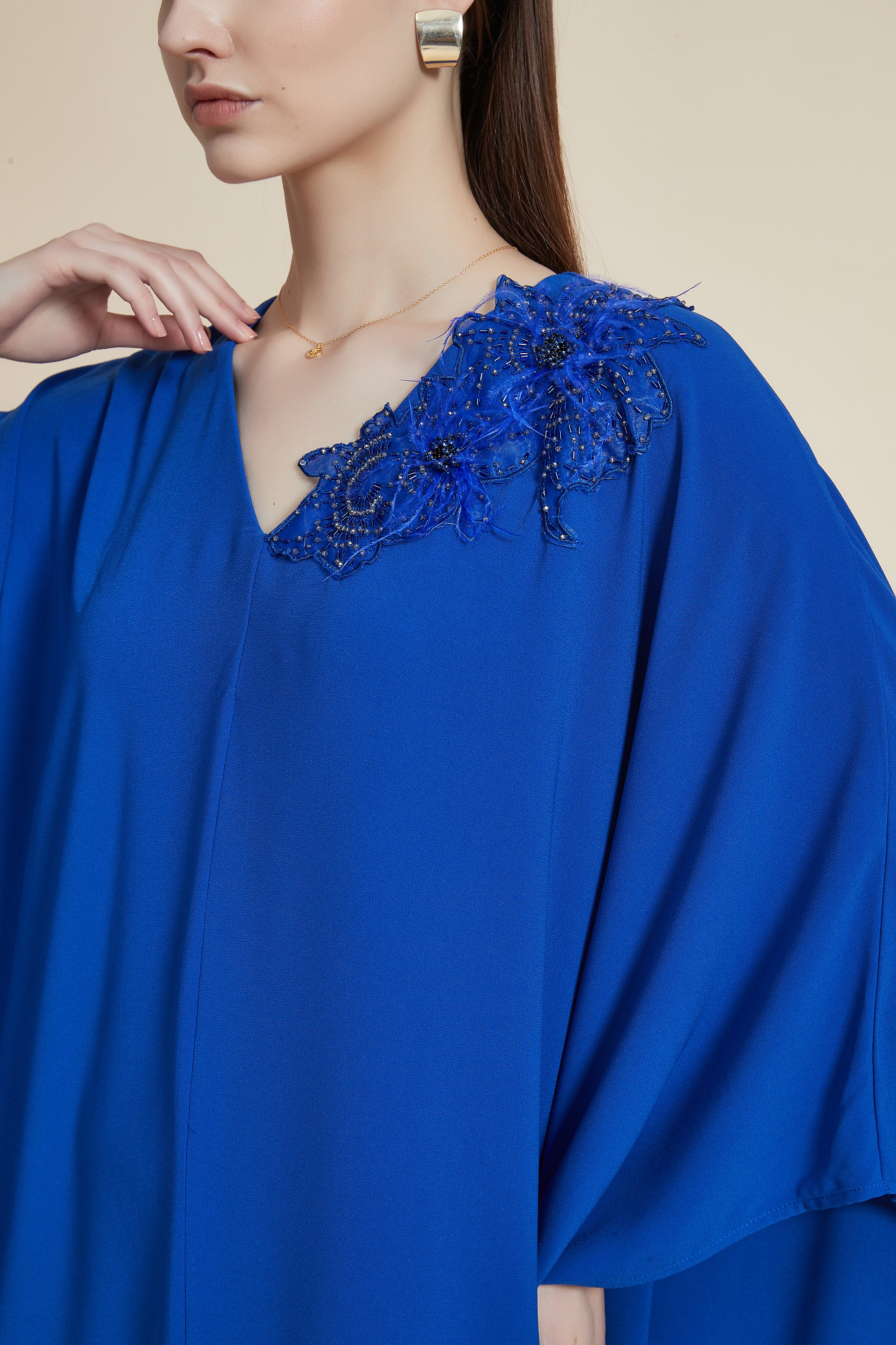 Embroidered Butterfly Sleeve Plain Long Dress with Floral Shoulder Detail - Image 4