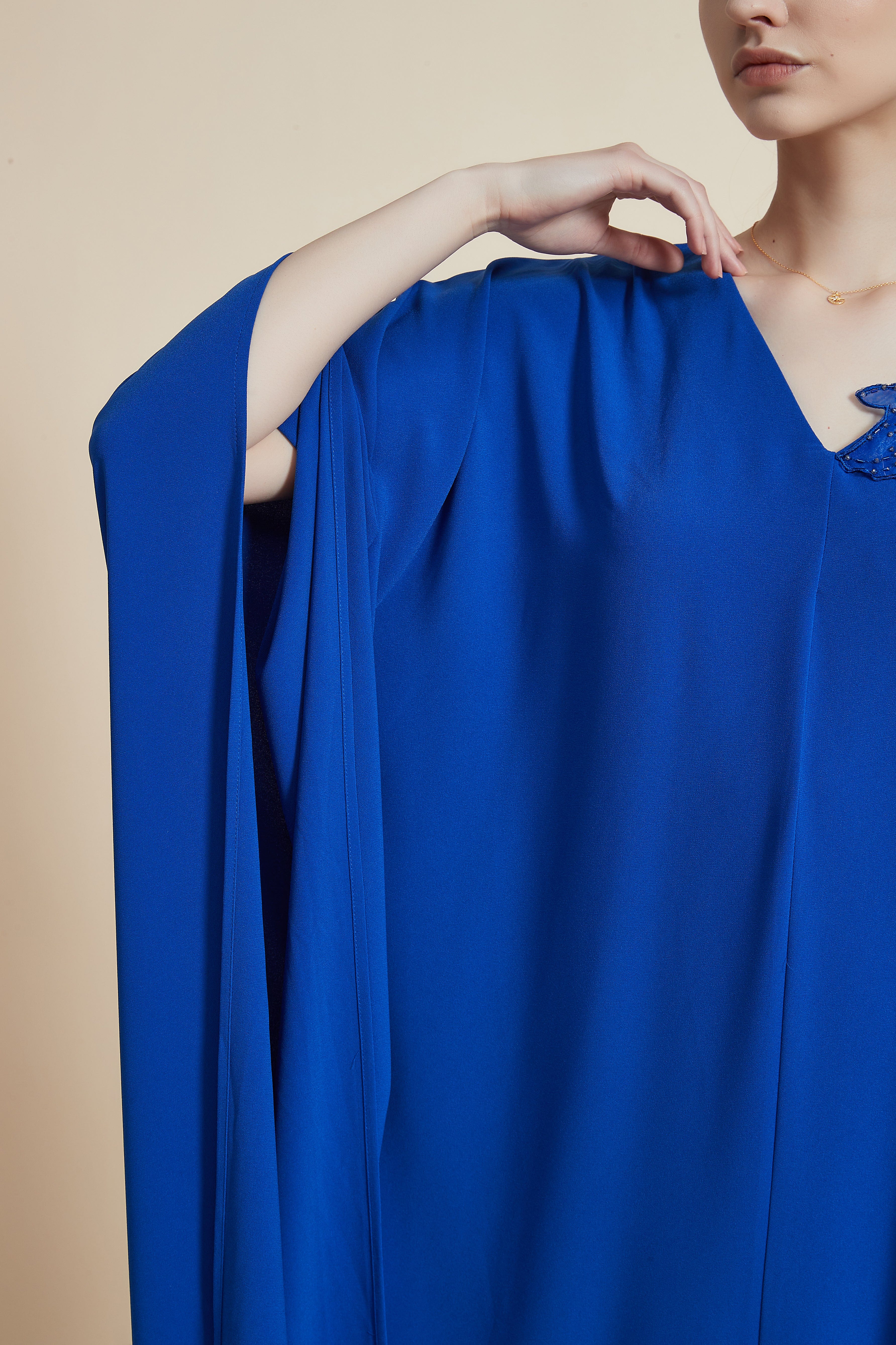 Embroidered Butterfly Sleeve Plain Long Dress with Floral Shoulder Detail - Image 5