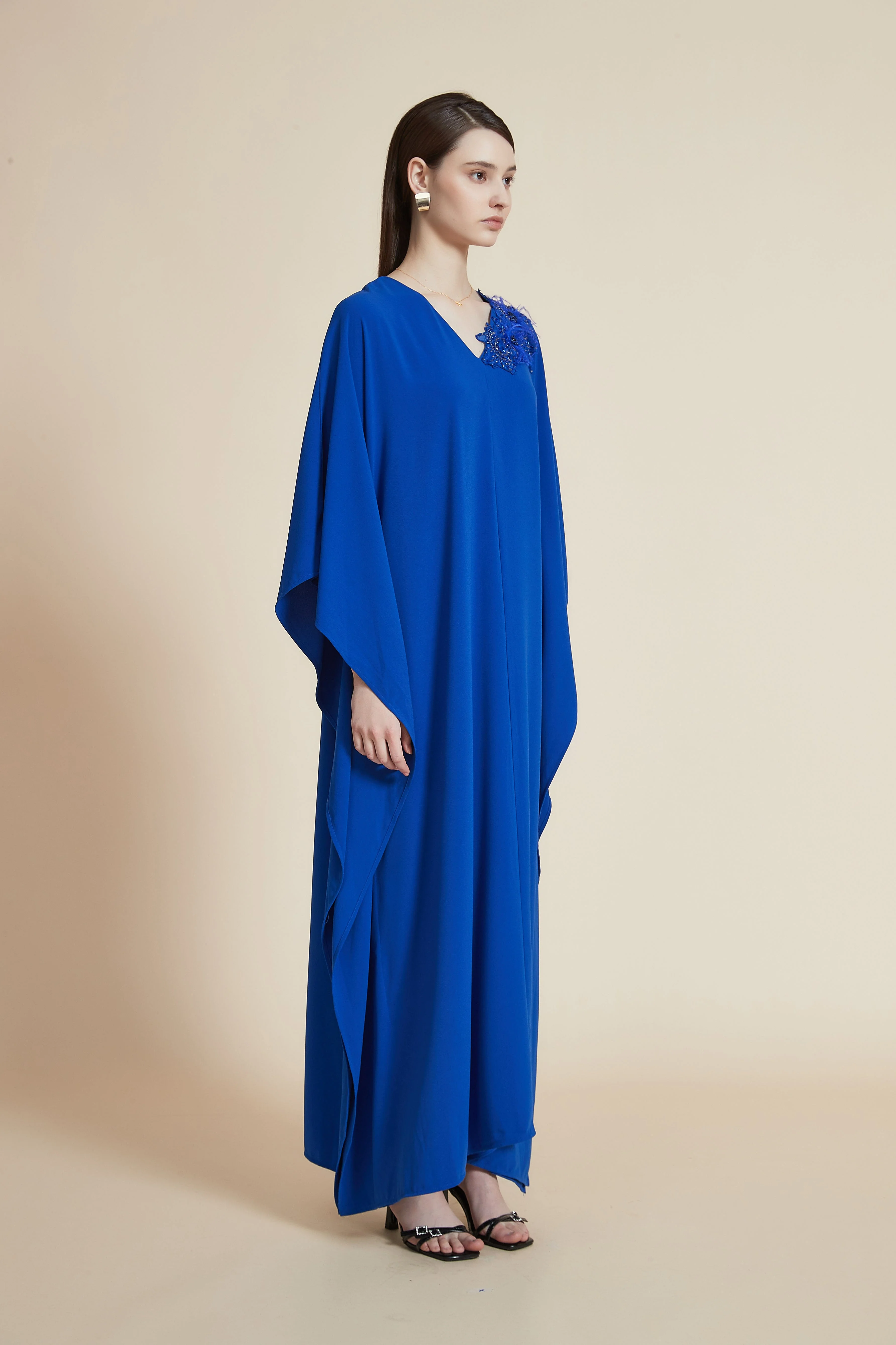 Embroidered Butterfly Sleeve Plain Long Dress with Floral Shoulder Detail - Image 6