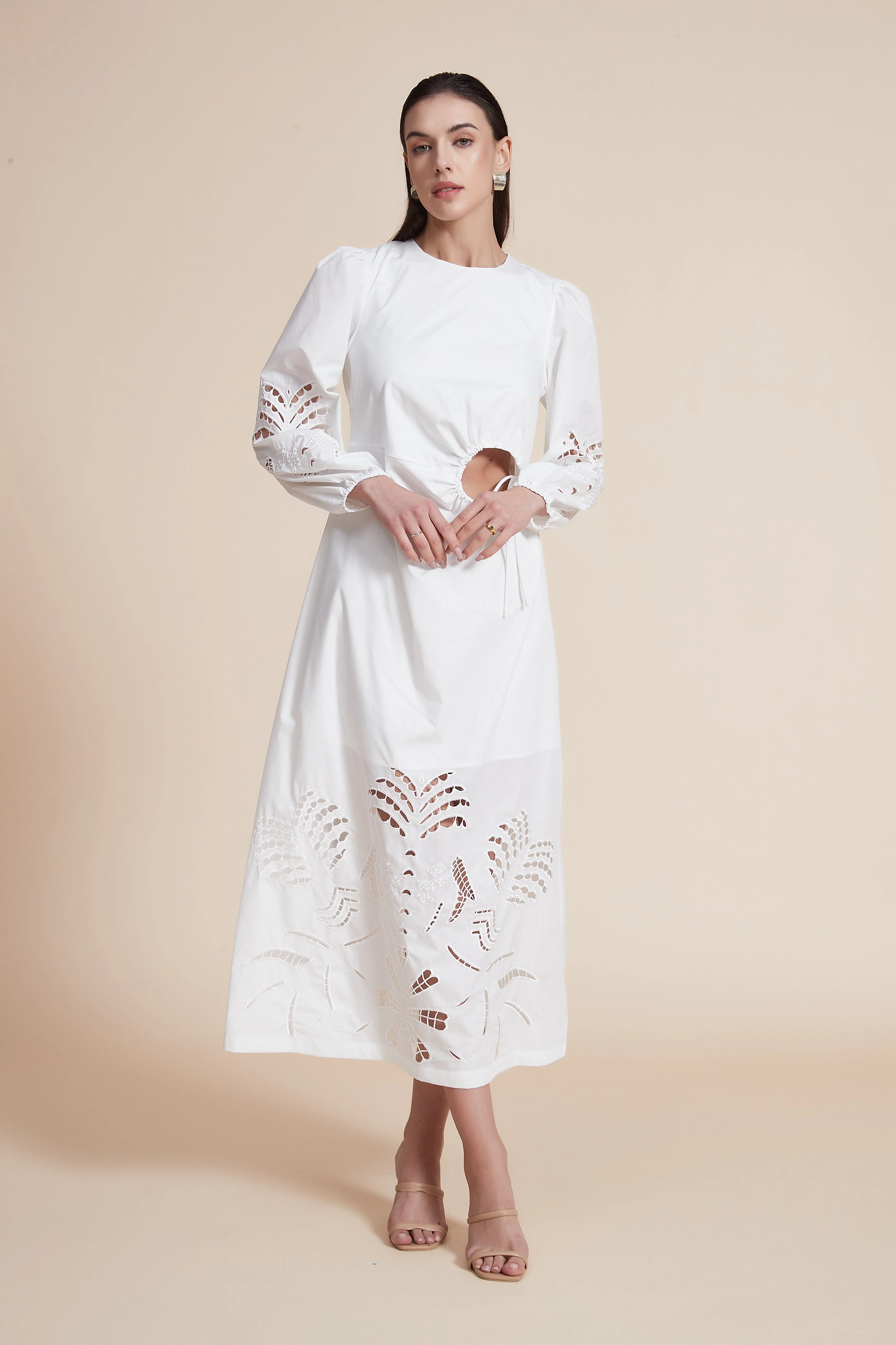Solid Long Sleeve Midi Dress with Cut-Outs