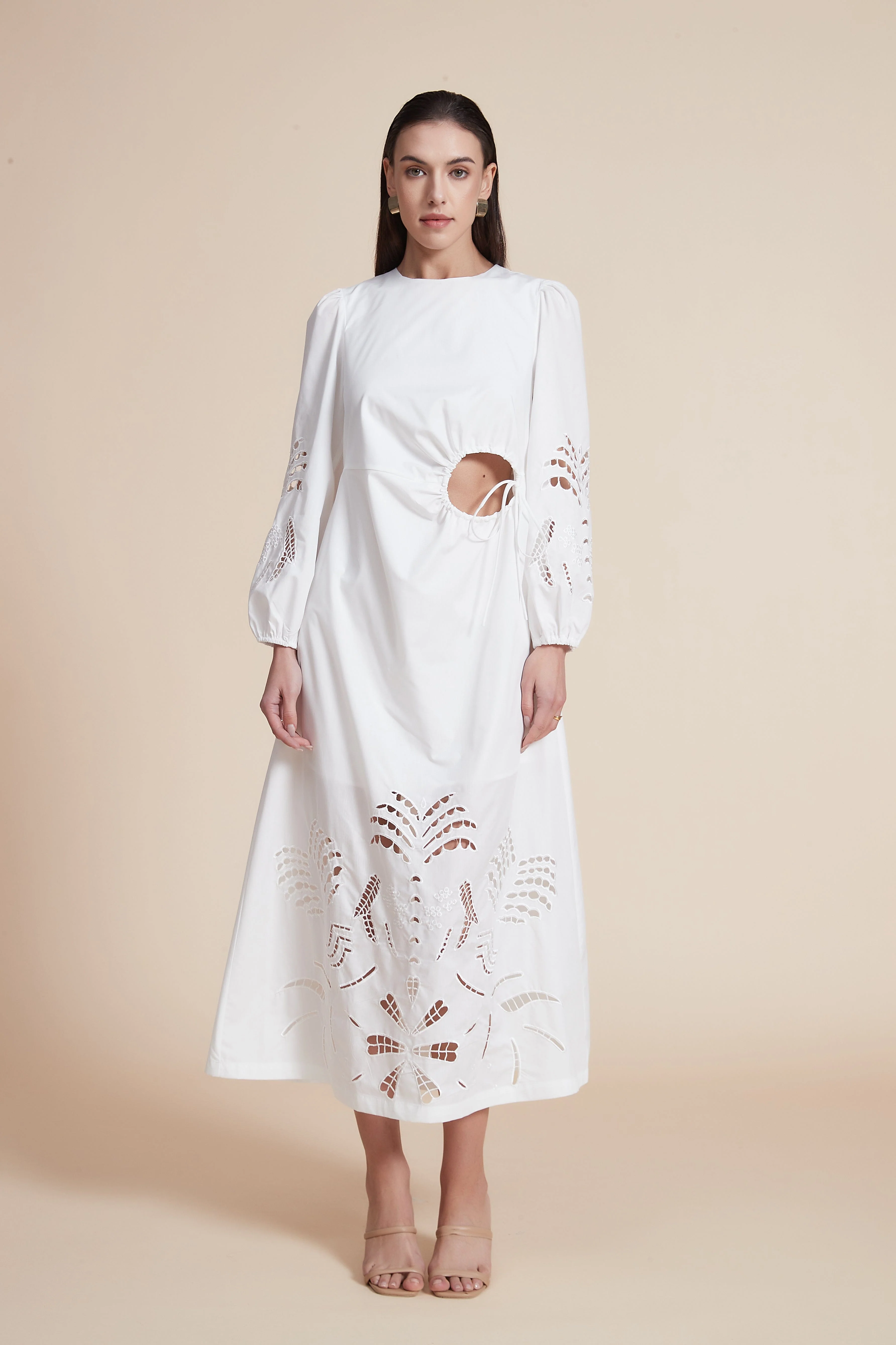 Solid Long Sleeve Midi Dress with Cut-Outs - Image 5