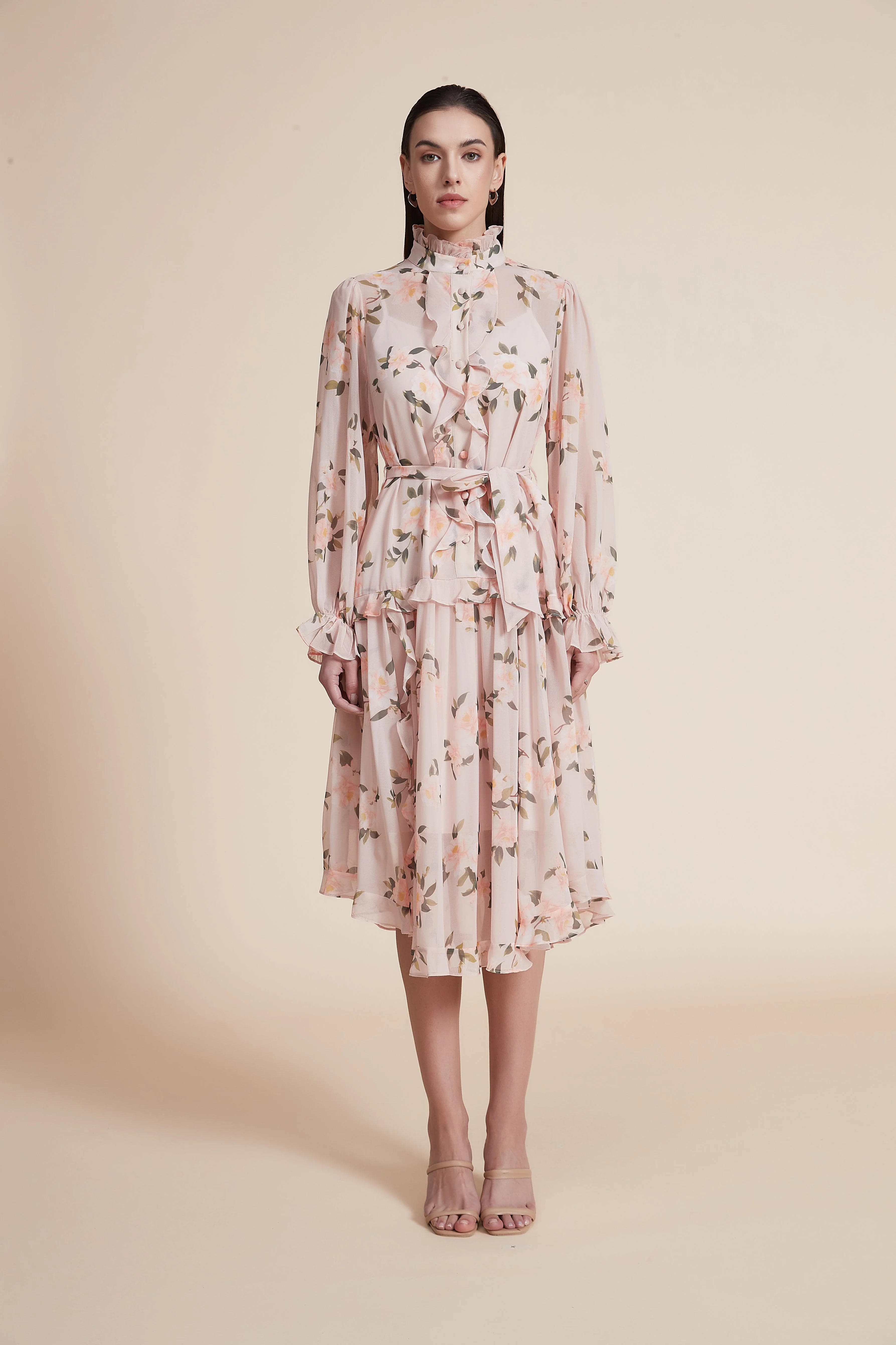 Floral Knee-Length Dress with Long Loose Sleeves - Image 2