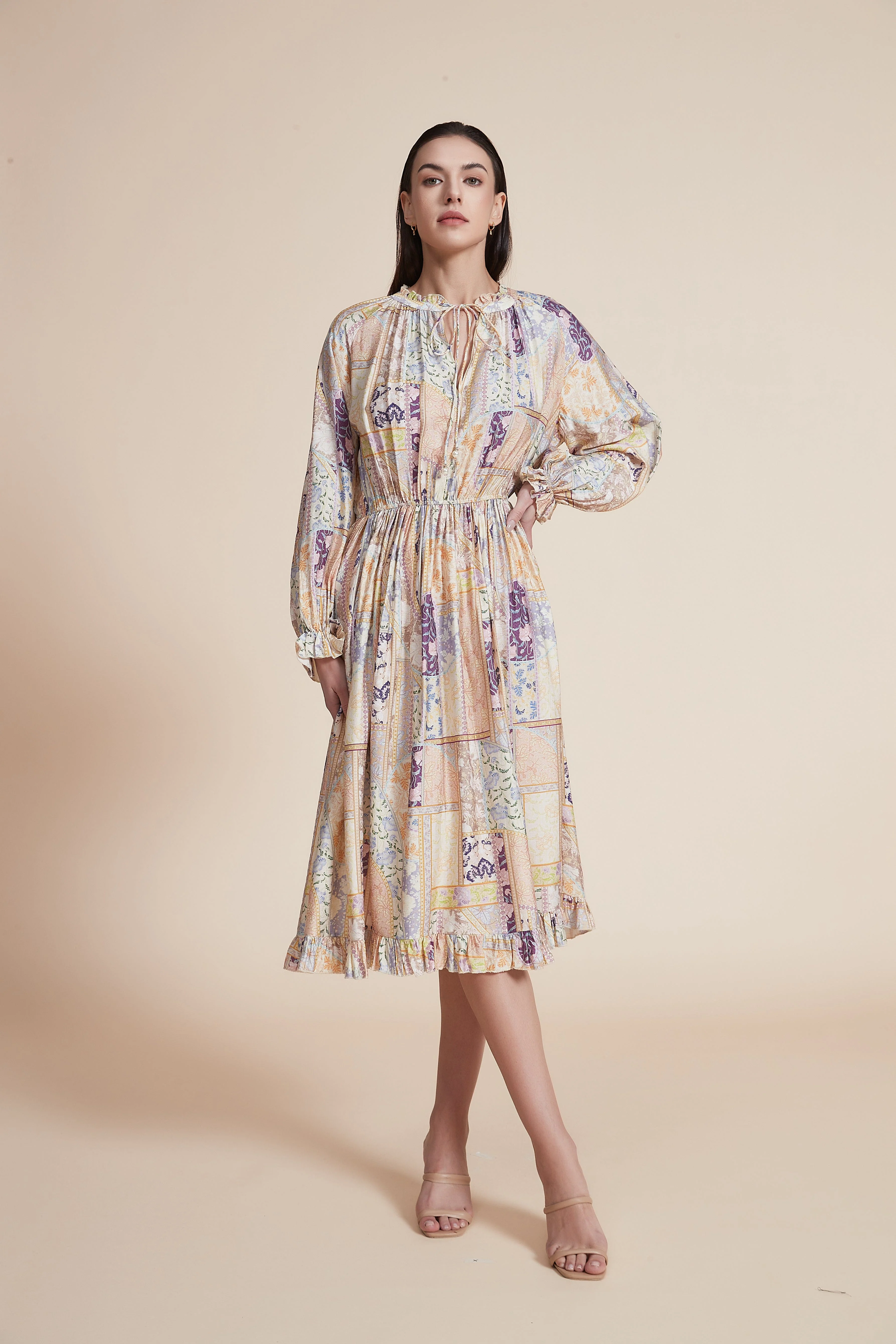 Printed Ruffled Long Sleeve Short Dress