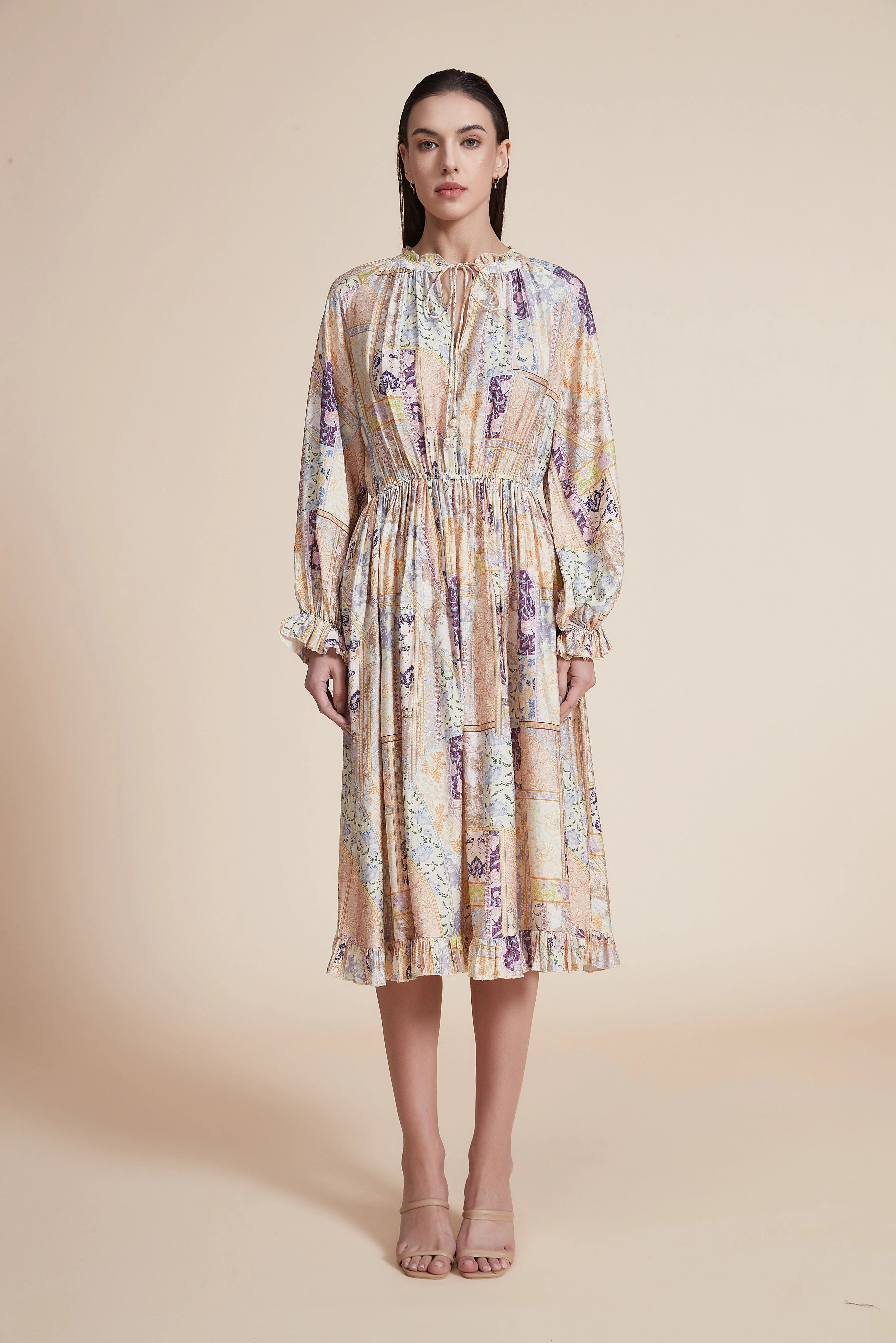 Printed Ruffled Long Sleeve Short Dress - Image 2