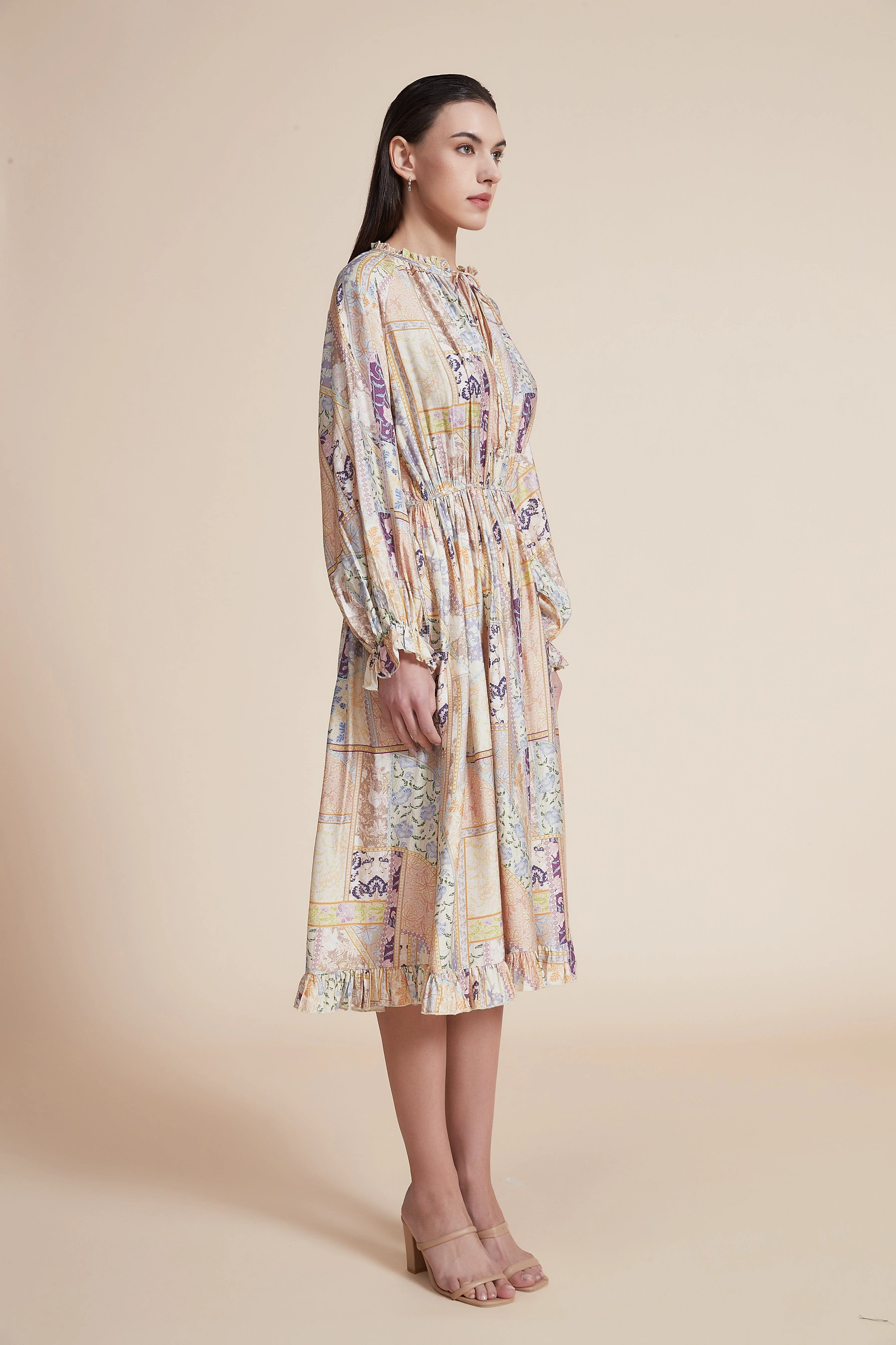 Printed Ruffled Long Sleeve Short Dress - Image 5