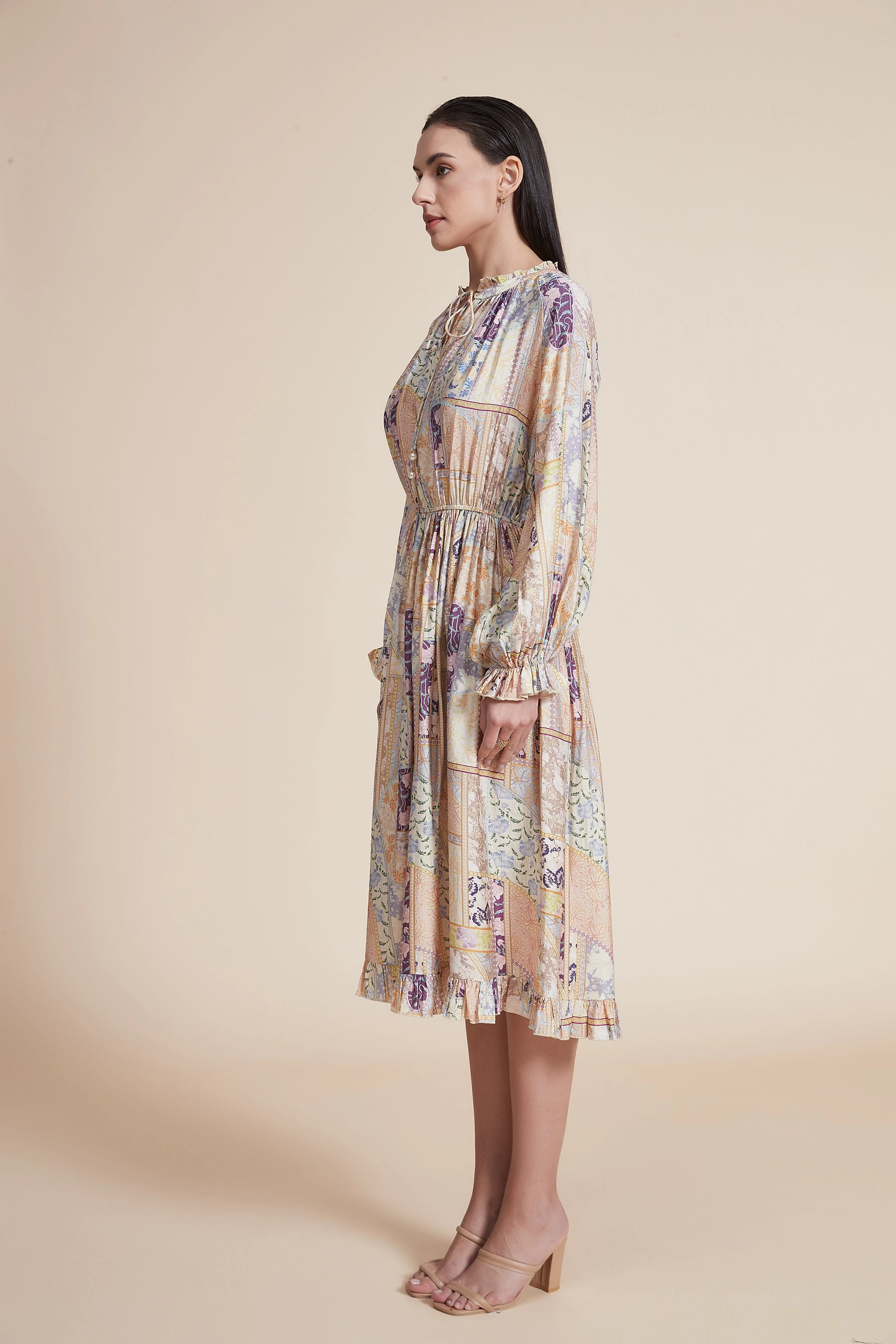 Printed Ruffled Long Sleeve Short Dress - Image 6