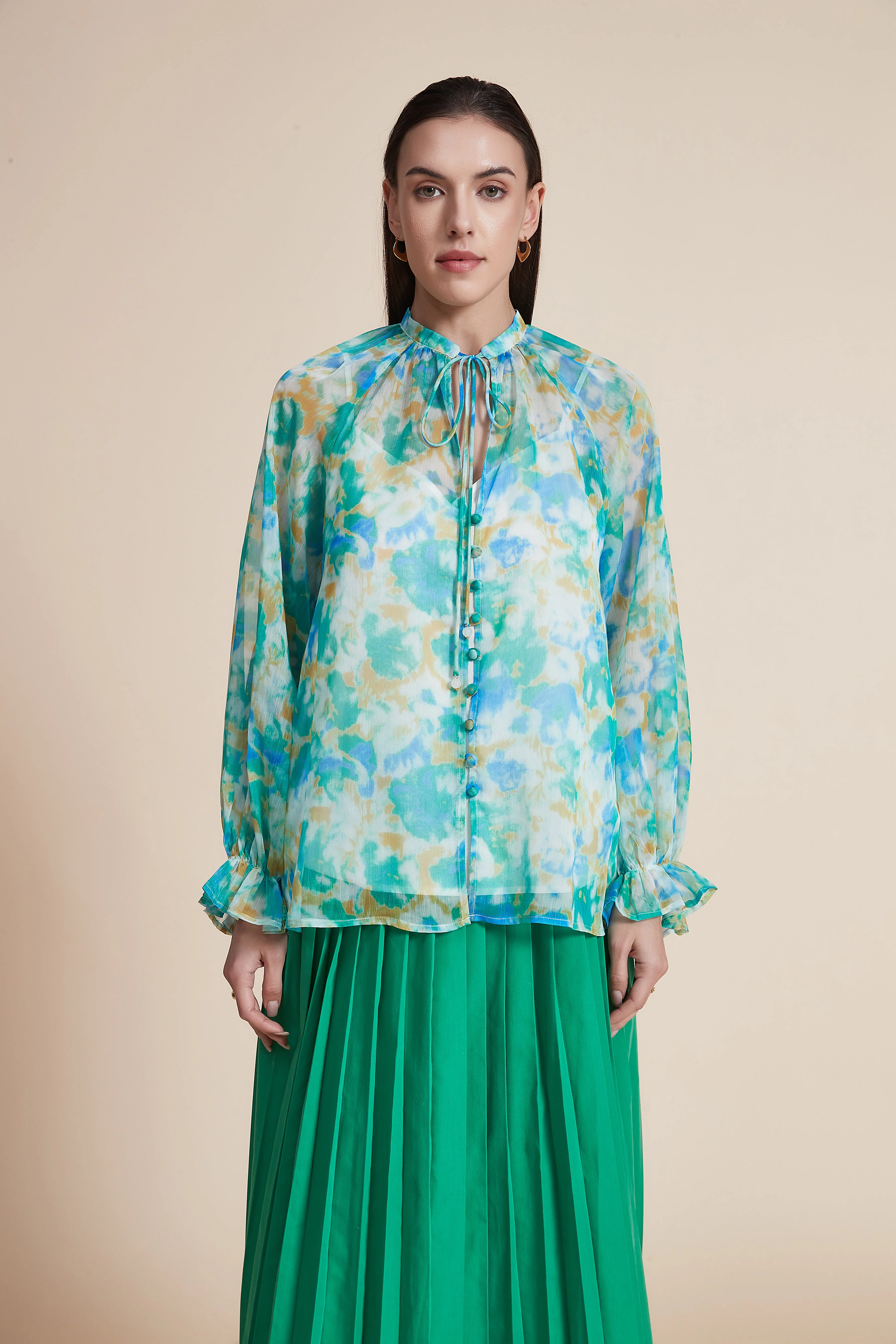 Long-sleeve patterned blouse with a neck tie - Image 2