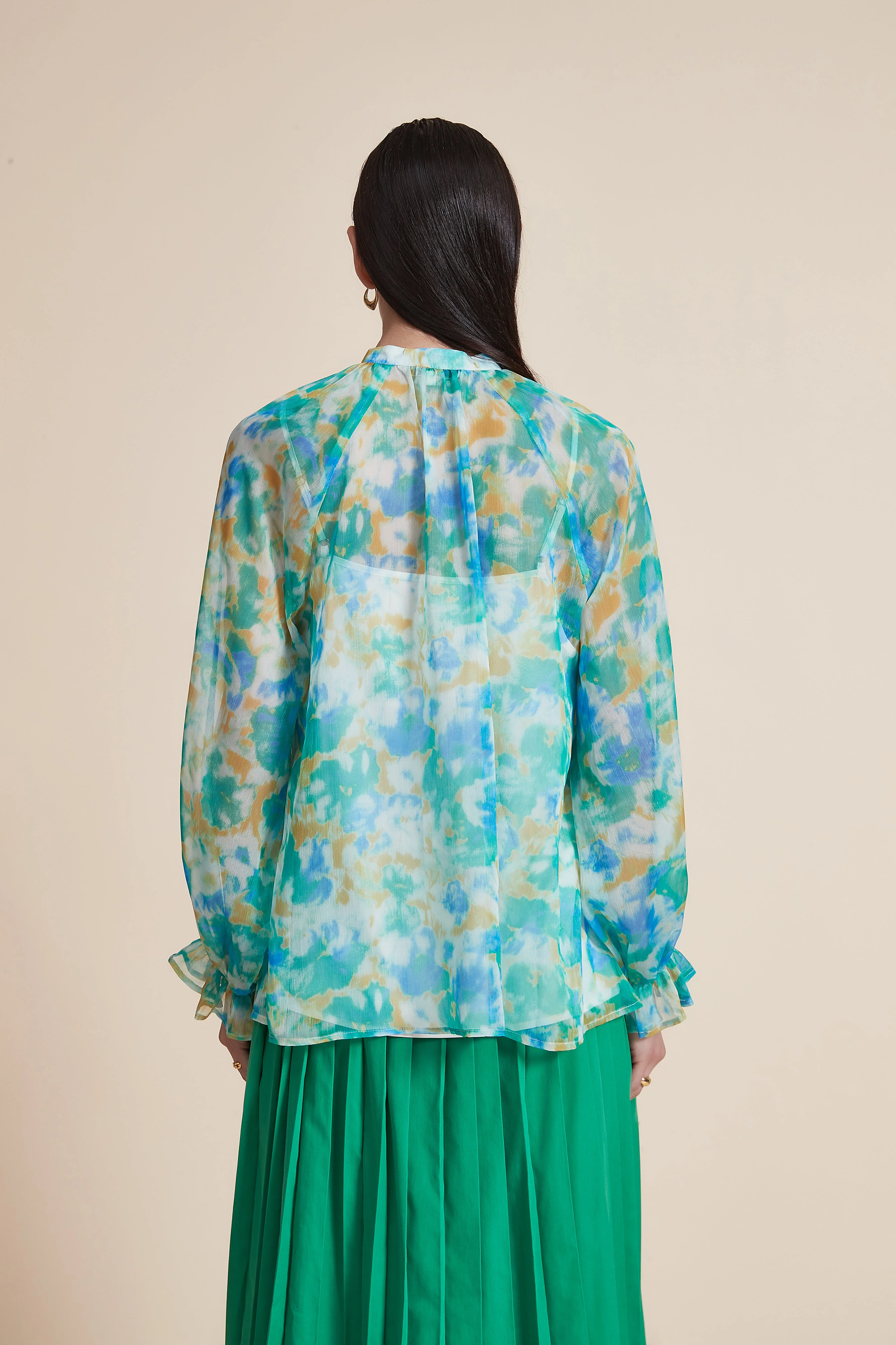 Long-sleeve patterned blouse with a neck tie - Image 3