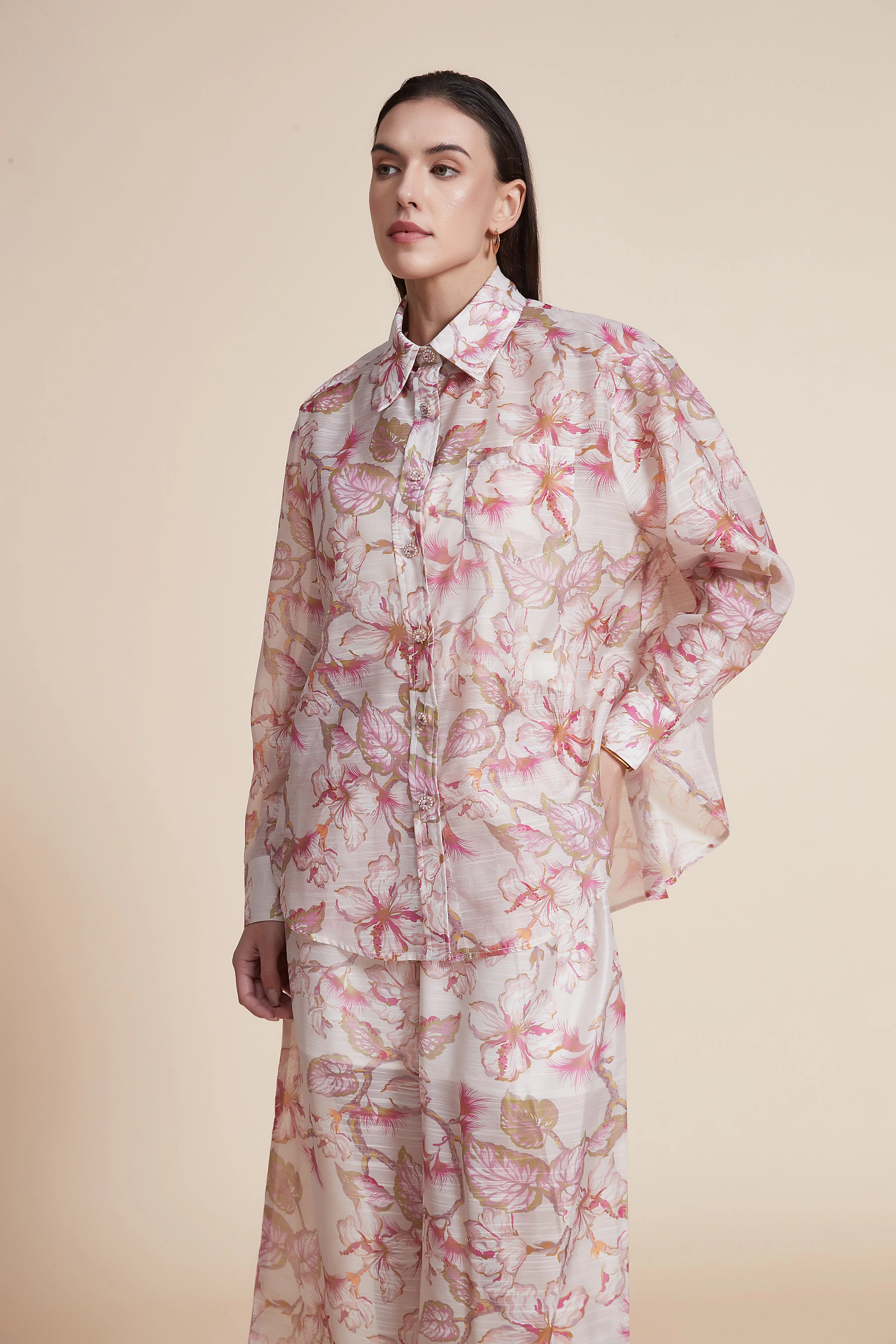 Floral Hip-Length Loose Shirt with Long Sleeves