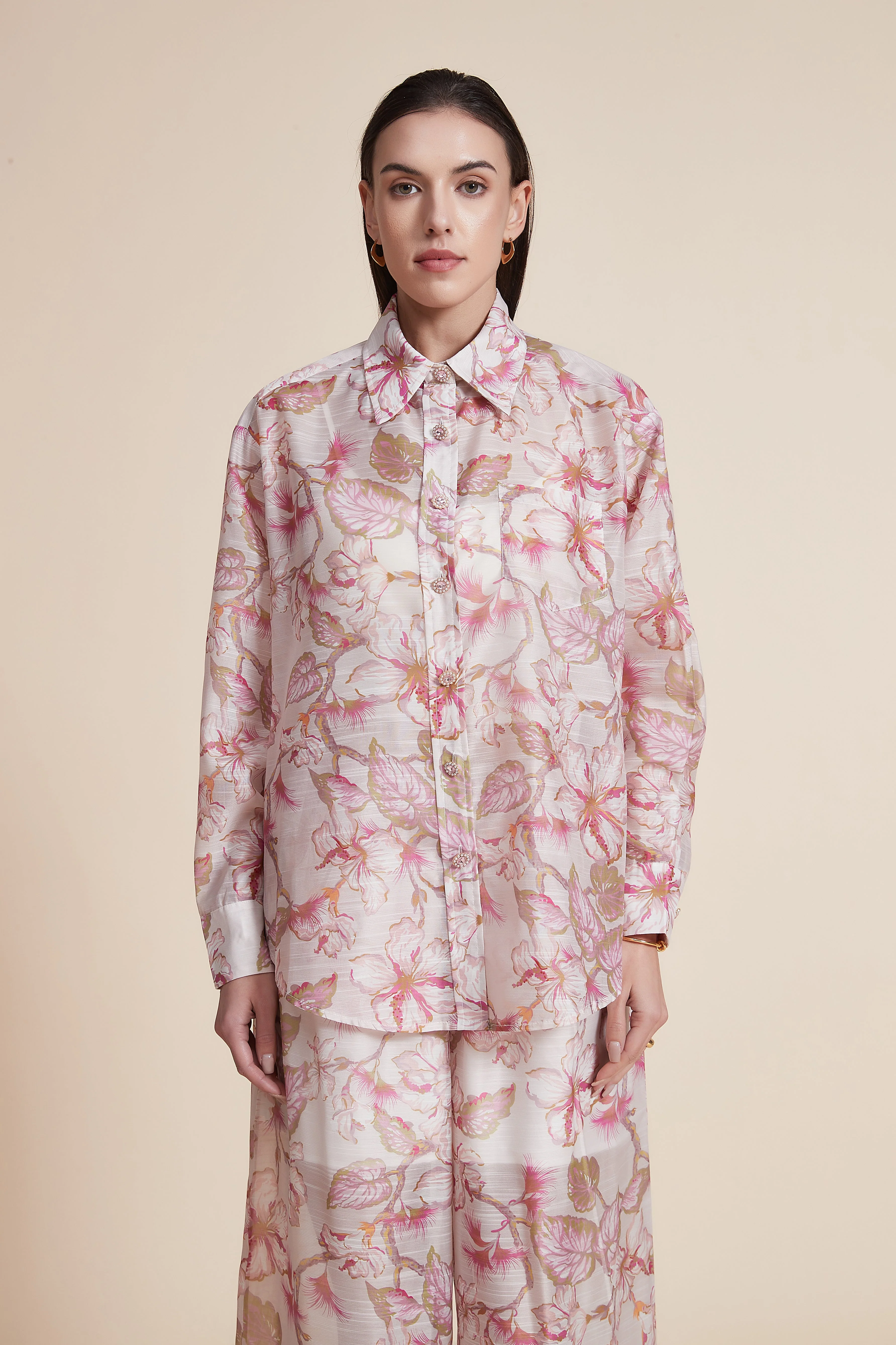 Floral Hip-Length Loose Shirt with Long Sleeves - Image 2