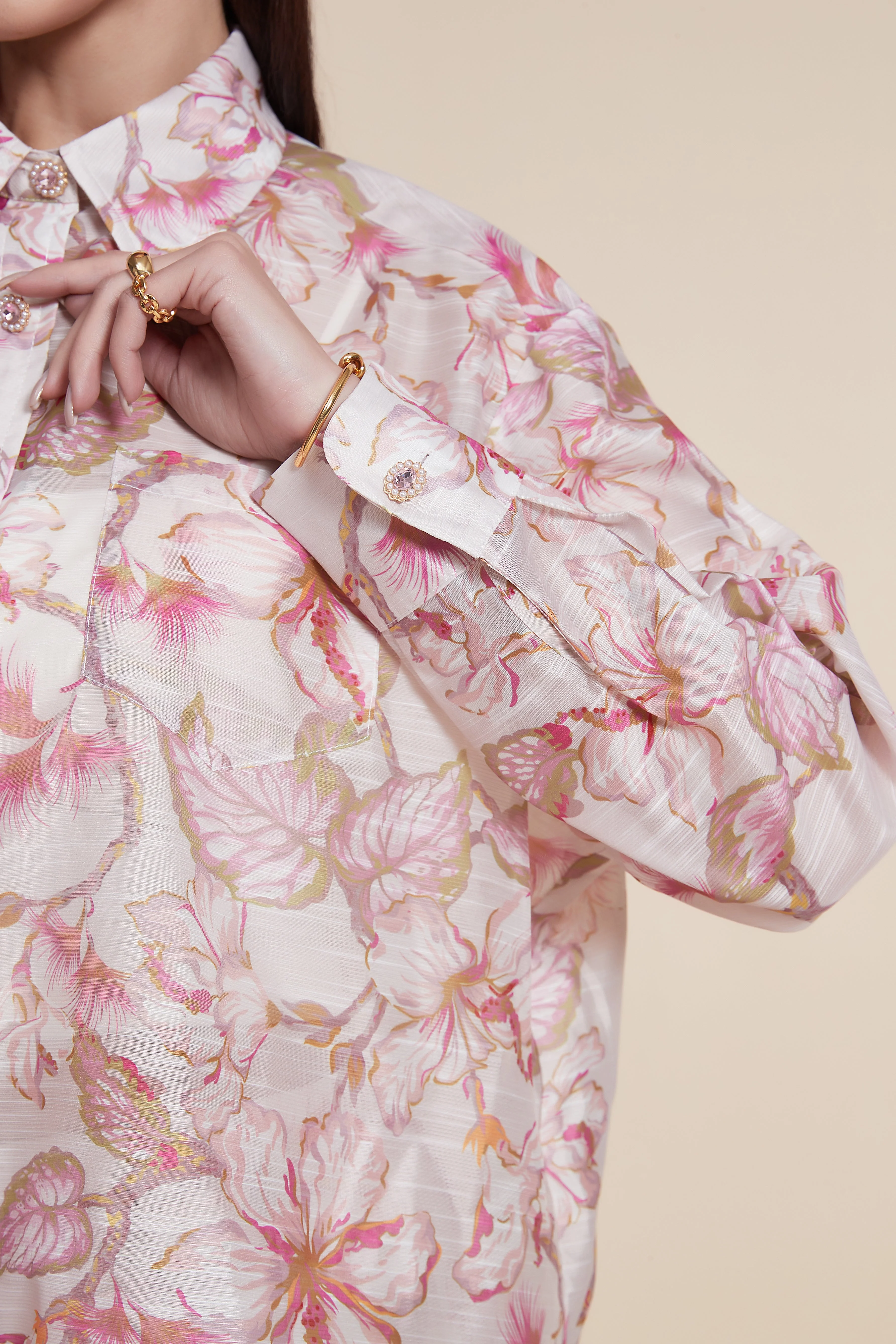 Floral Hip-Length Loose Shirt with Long Sleeves - Image 3