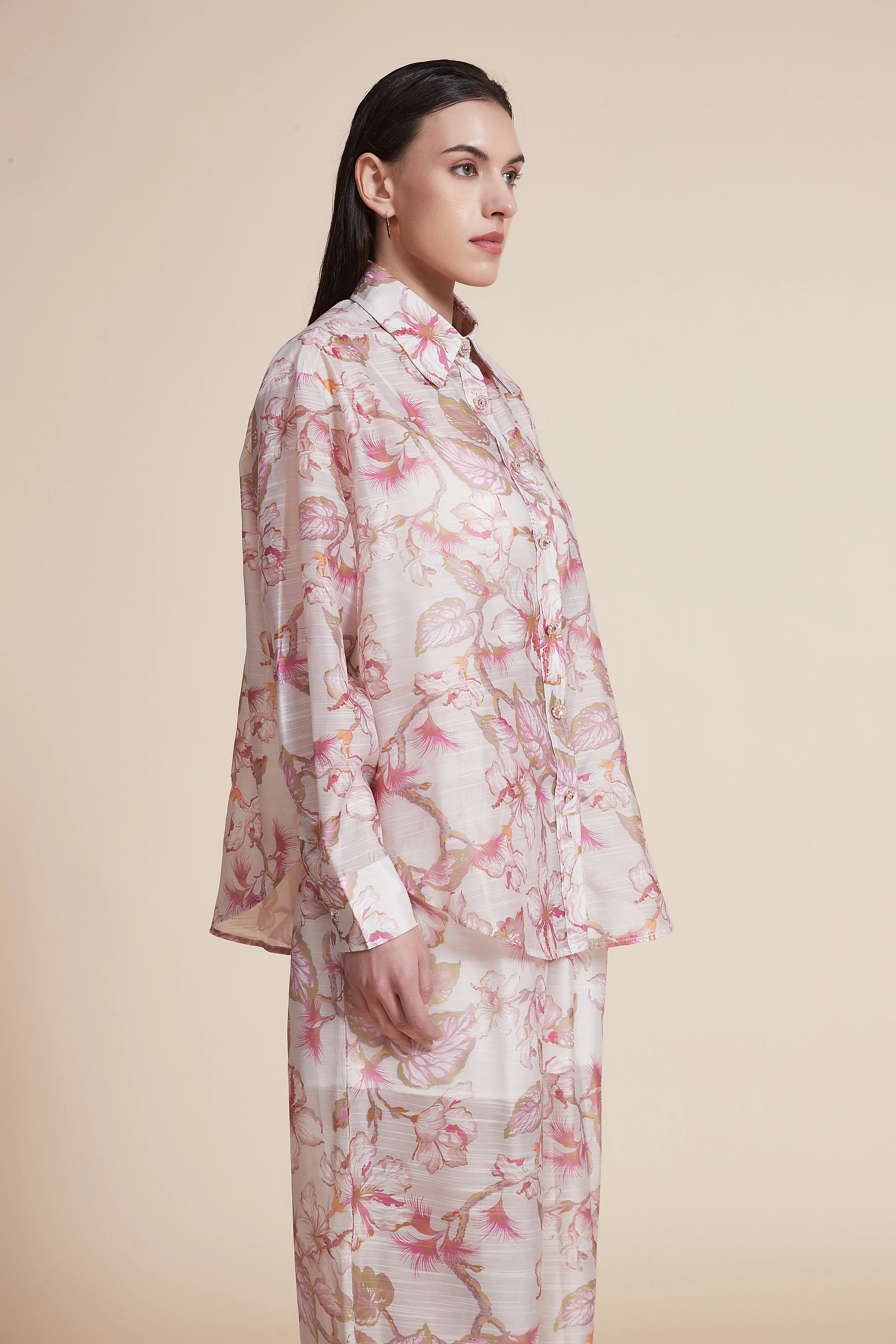 Floral Hip-Length Loose Shirt with Long Sleeves - Image 4