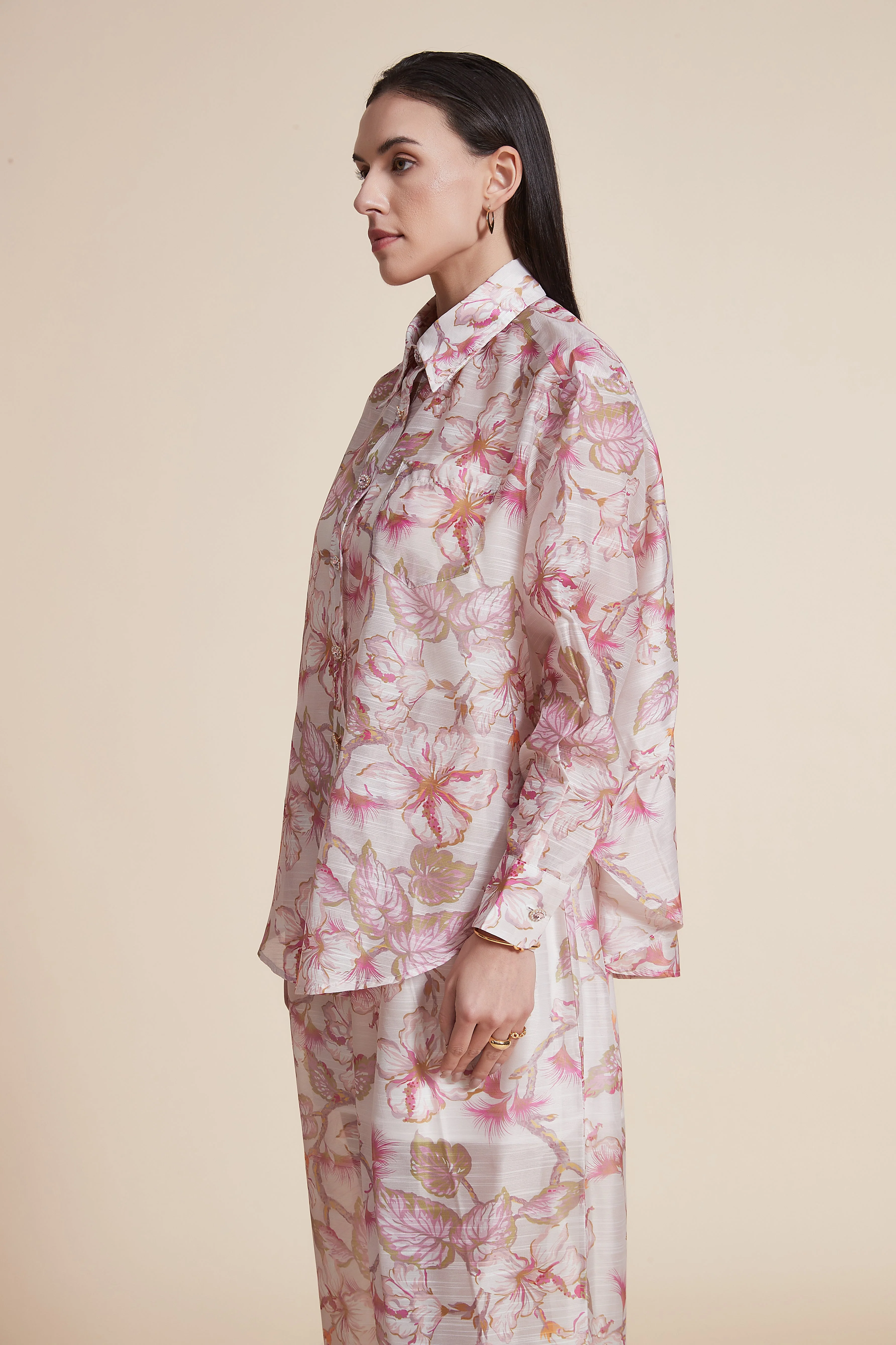 Floral Hip-Length Loose Shirt with Long Sleeves - Image 5