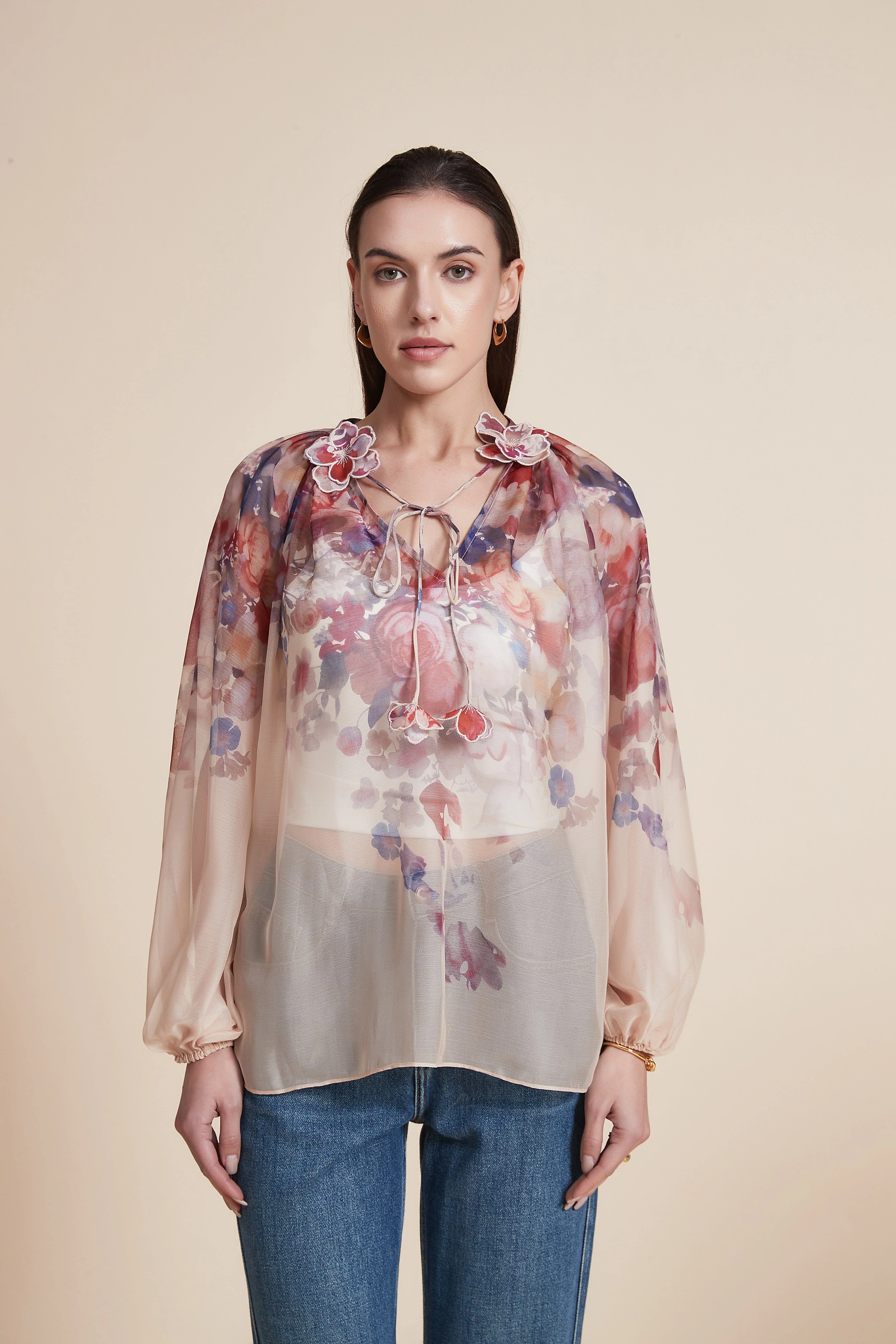Printed Floral Long Sleeve Loose Blouse - Image 2