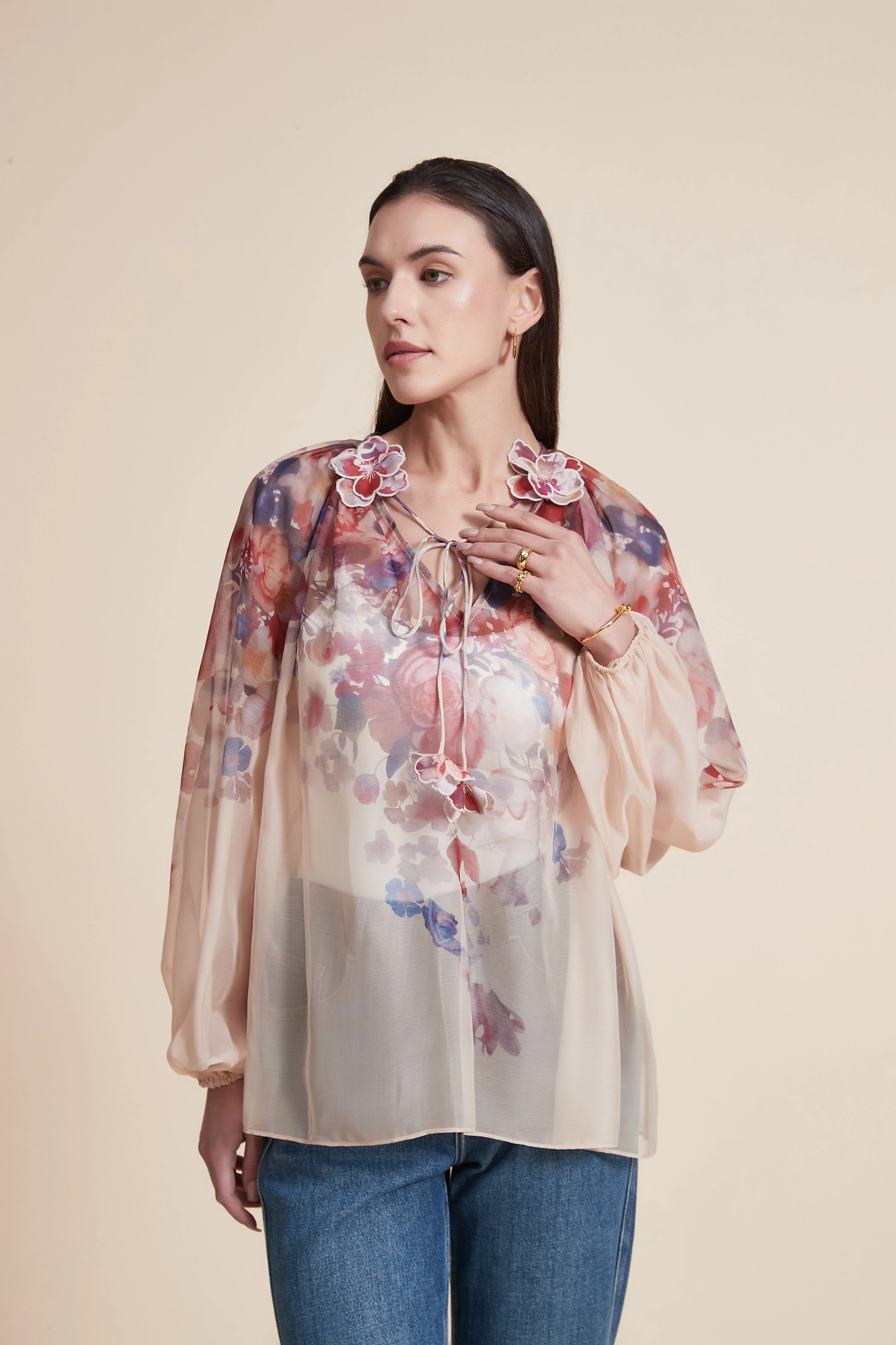 Printed Floral Long Sleeve Loose Blouse - Image 6