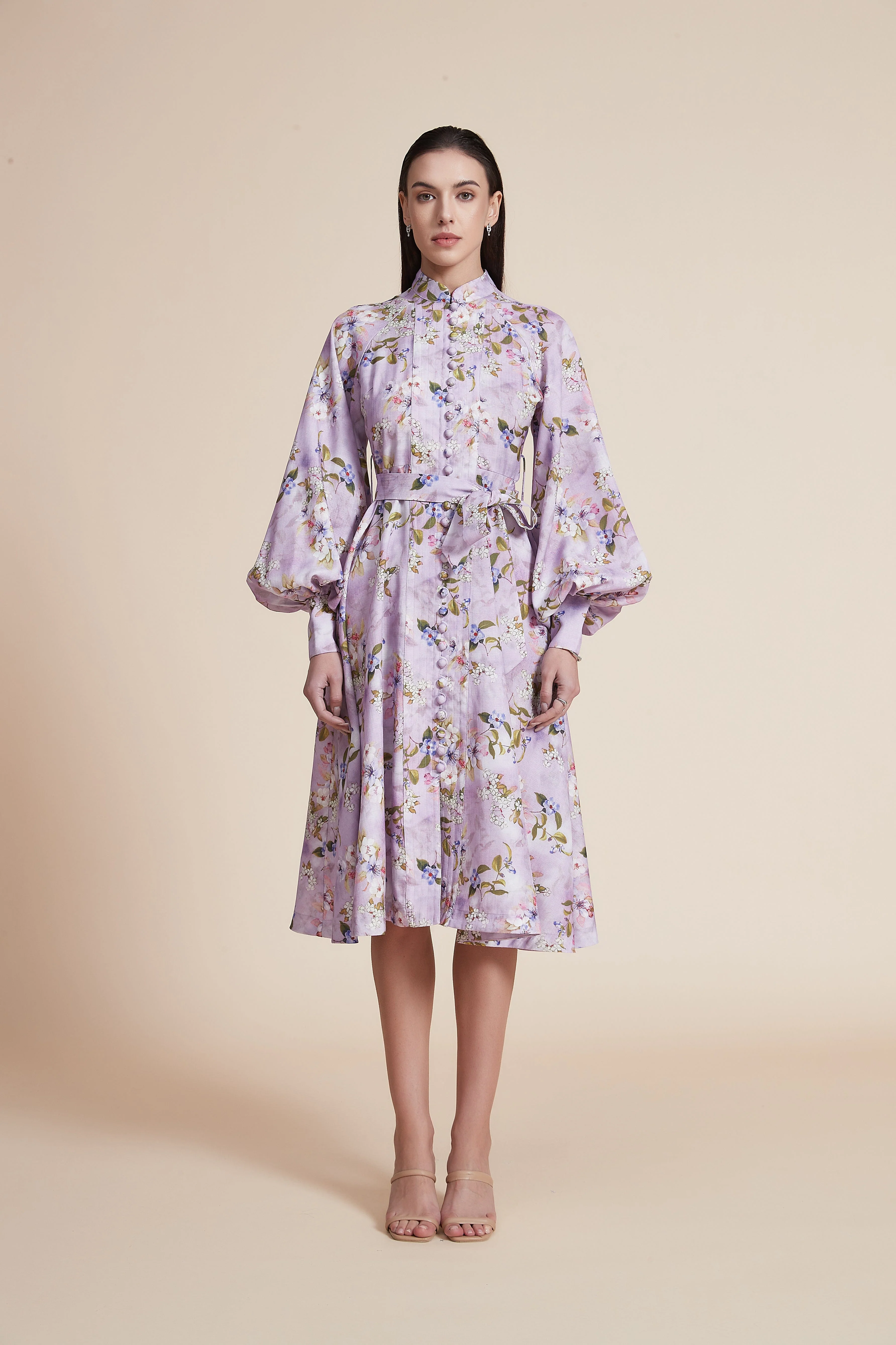 Floral Short Dress with Long Sleeves and High Collar - Image 2
