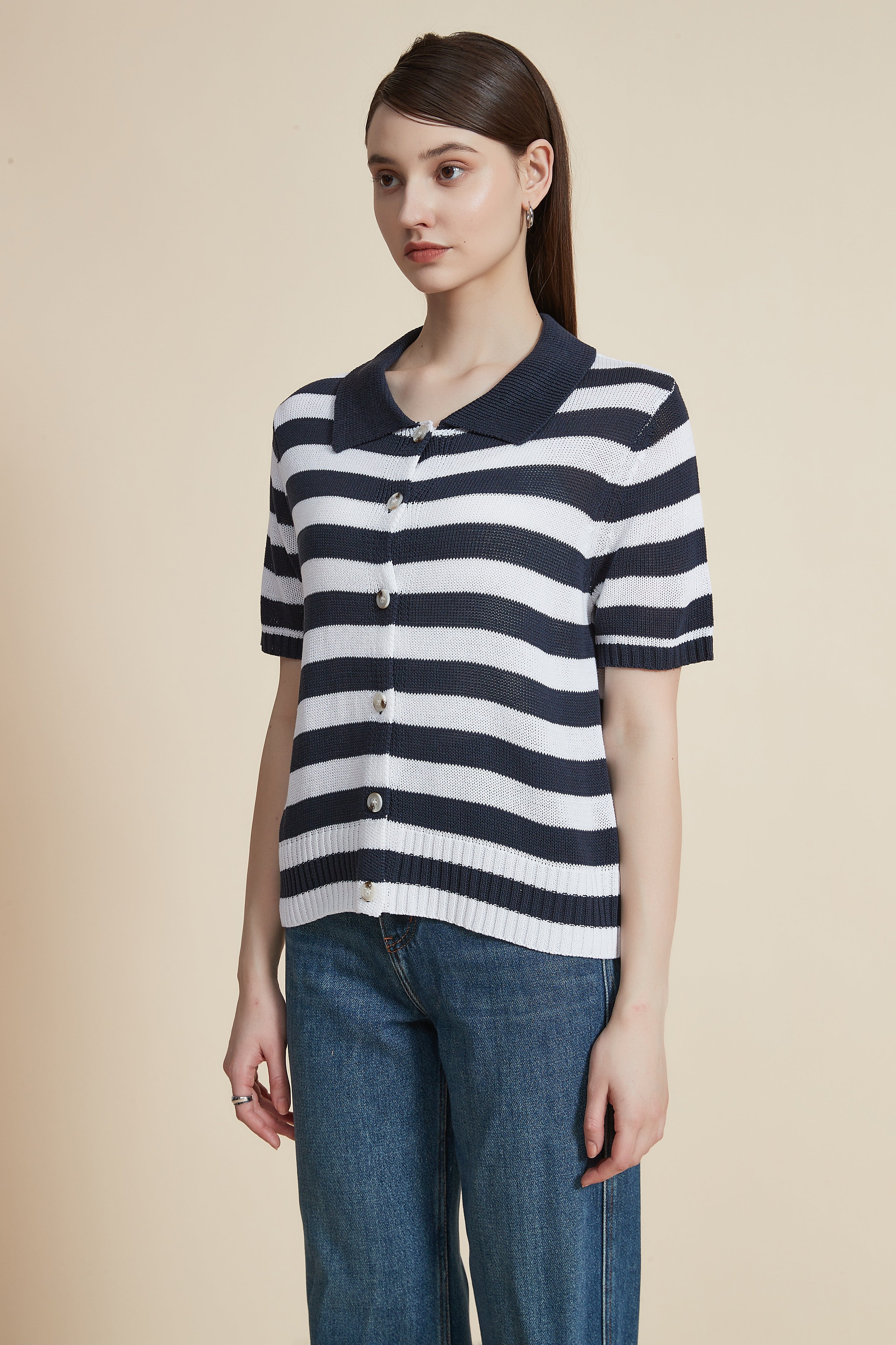 Striped Half-Sleeve Shirt Blouse - Image 6