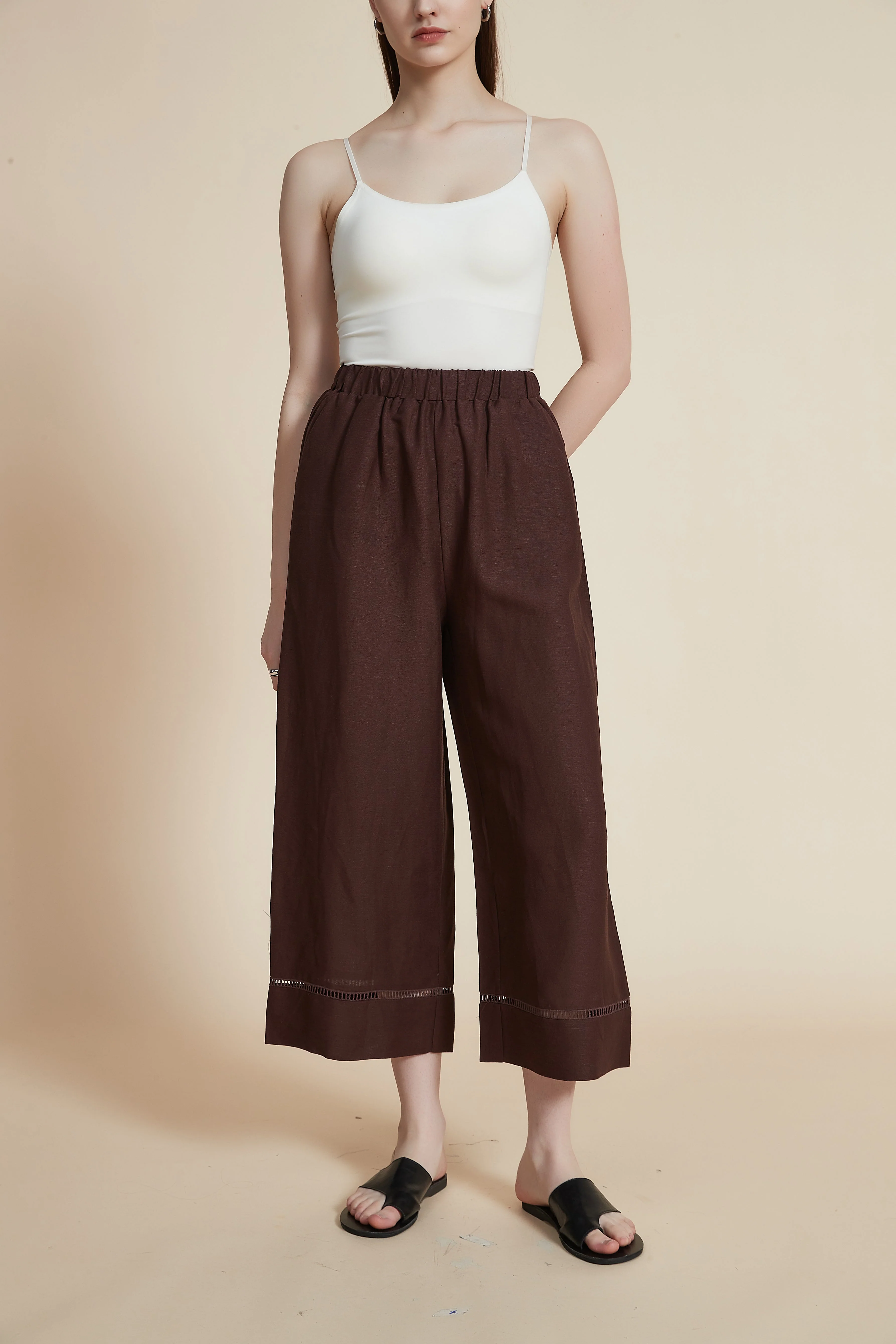 Women's Plain Wide Loose Midi Pants with Cutouts