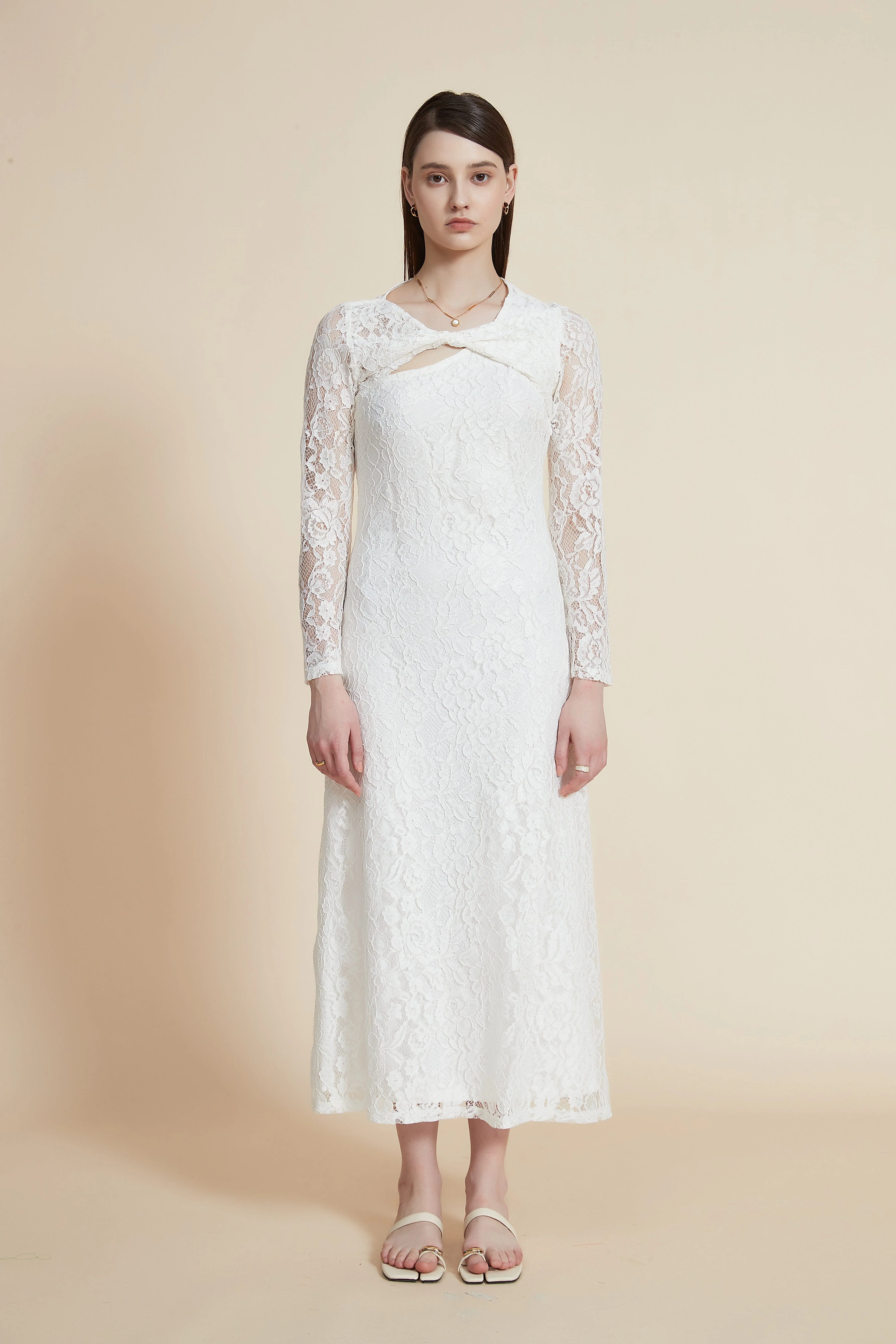 Long Sleeve Midi Dress with Lace Details - Image 2