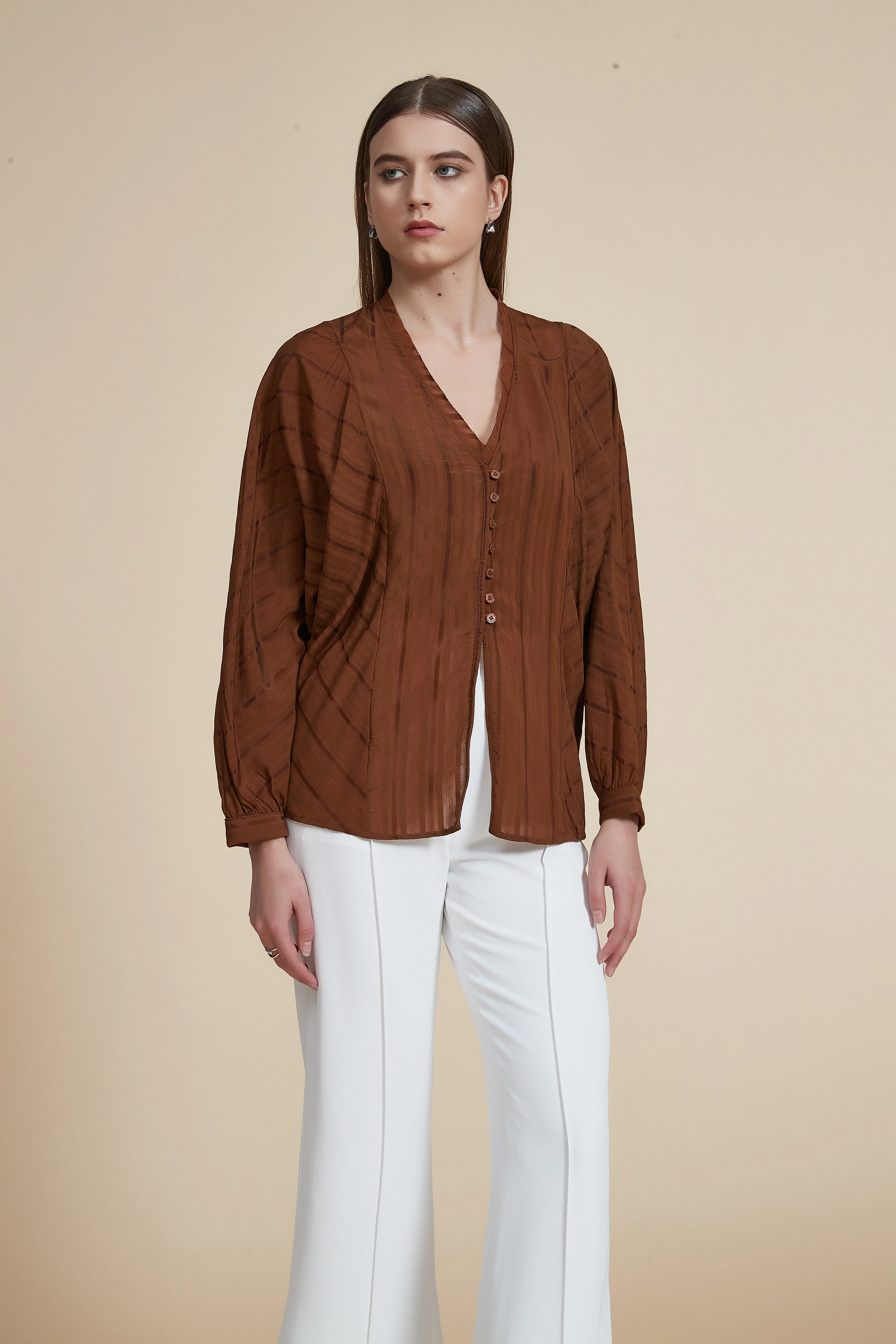 Hip-Length Long Sleeve V-Neck Blouse with Opening - Image 4