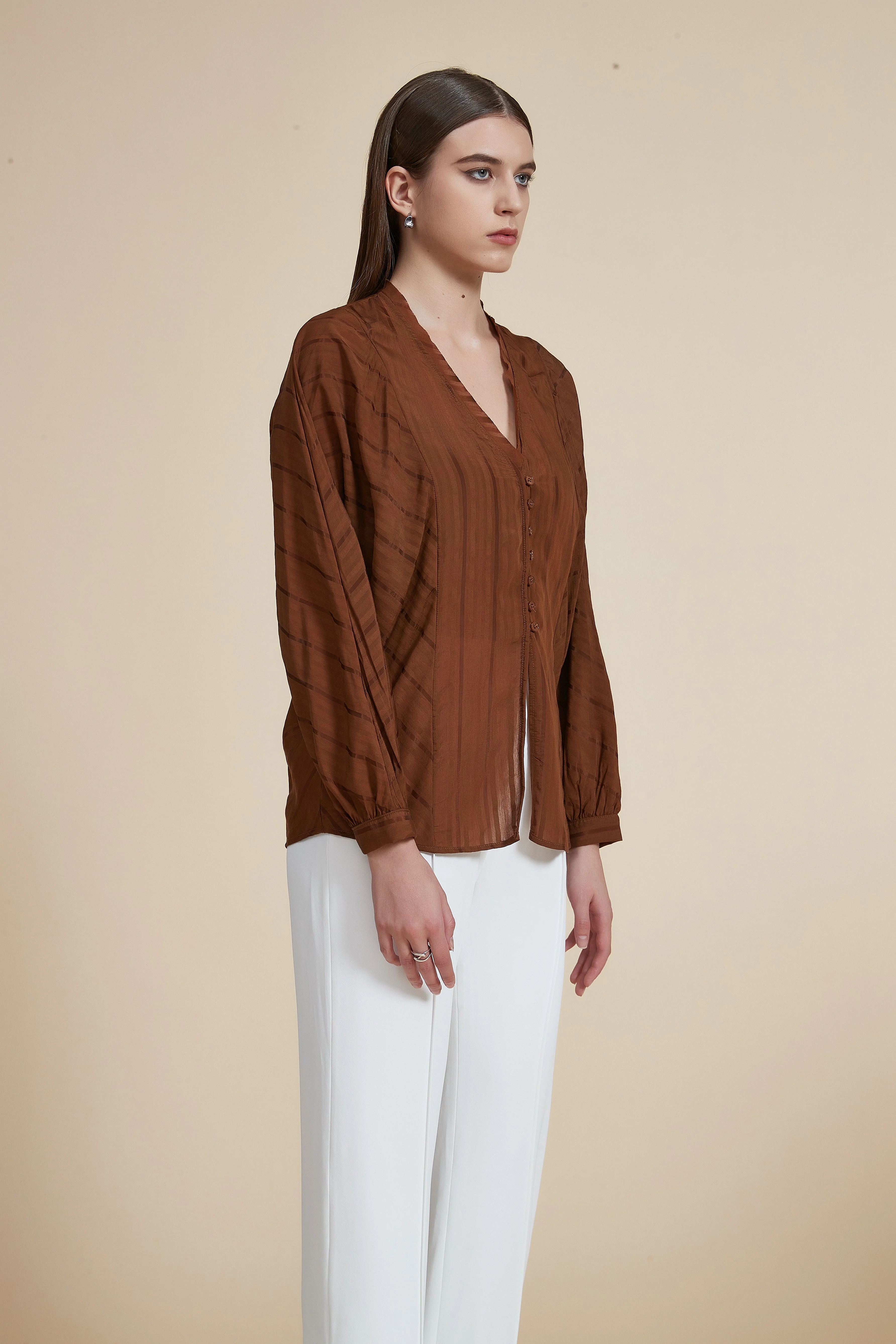 Hip-Length Long Sleeve V-Neck Blouse with Opening - Image 5