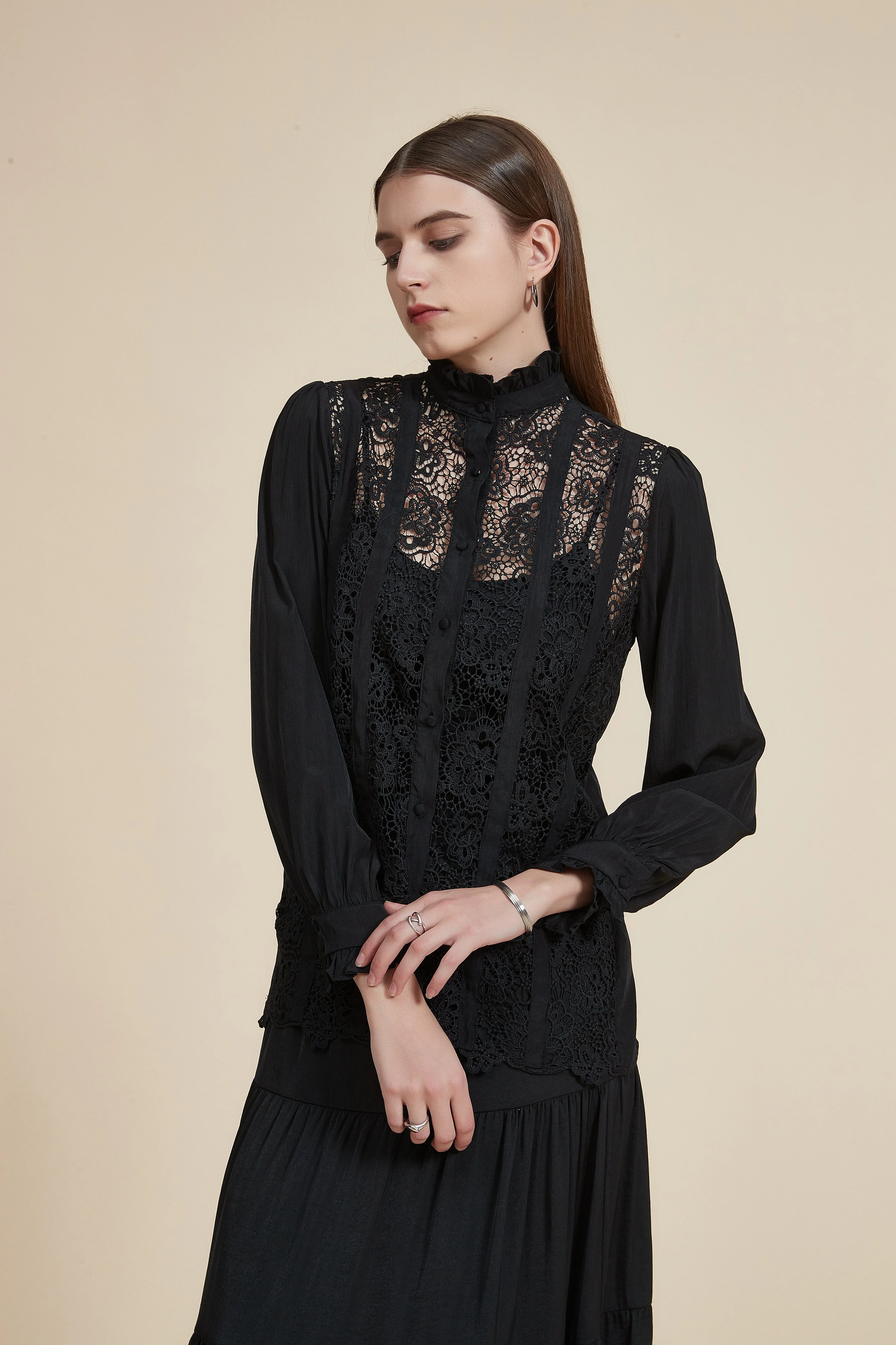Long Sleeve Blouse with Lace and High Neck