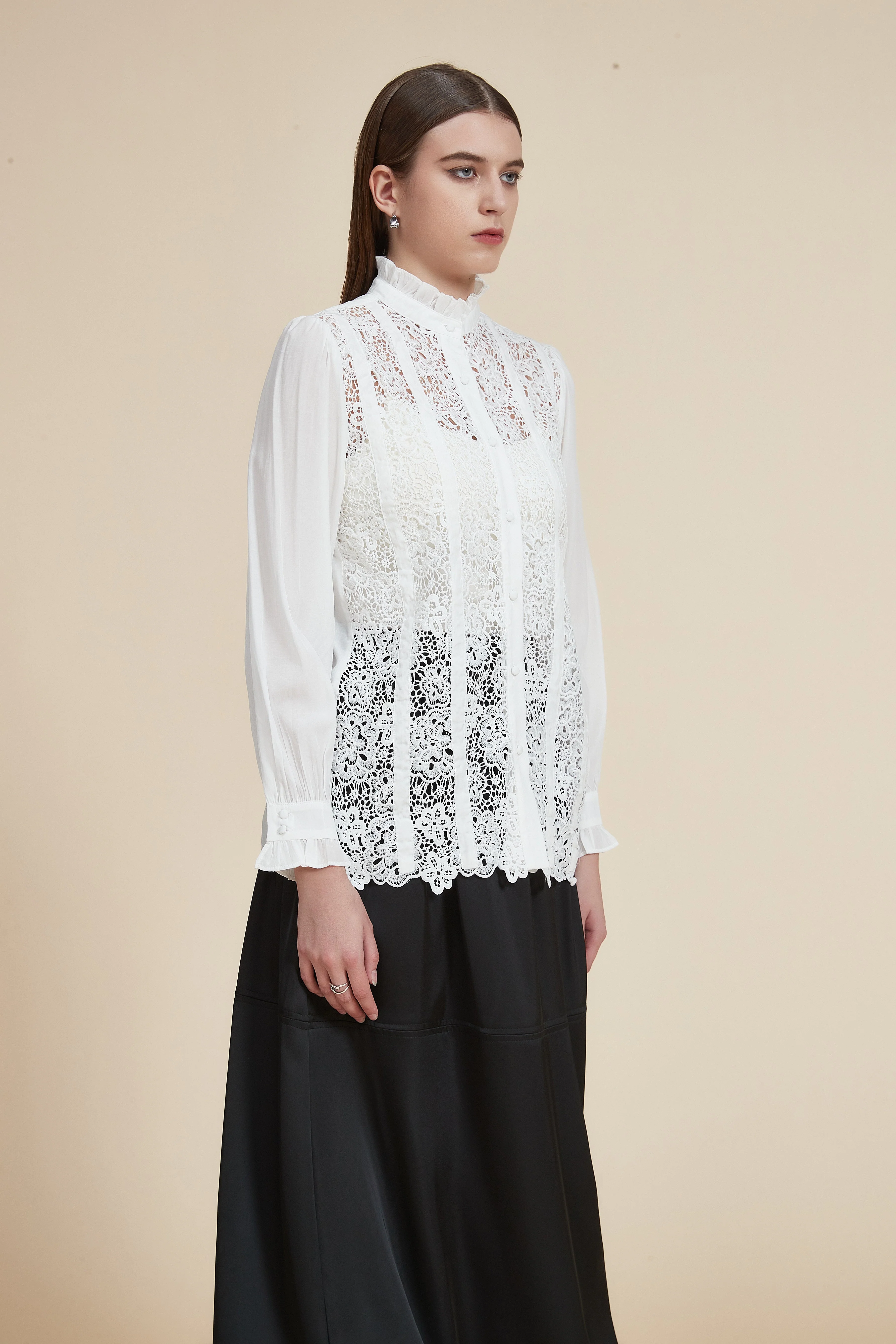 Long Sleeve Blouse with Lace and High Neck - Image 10