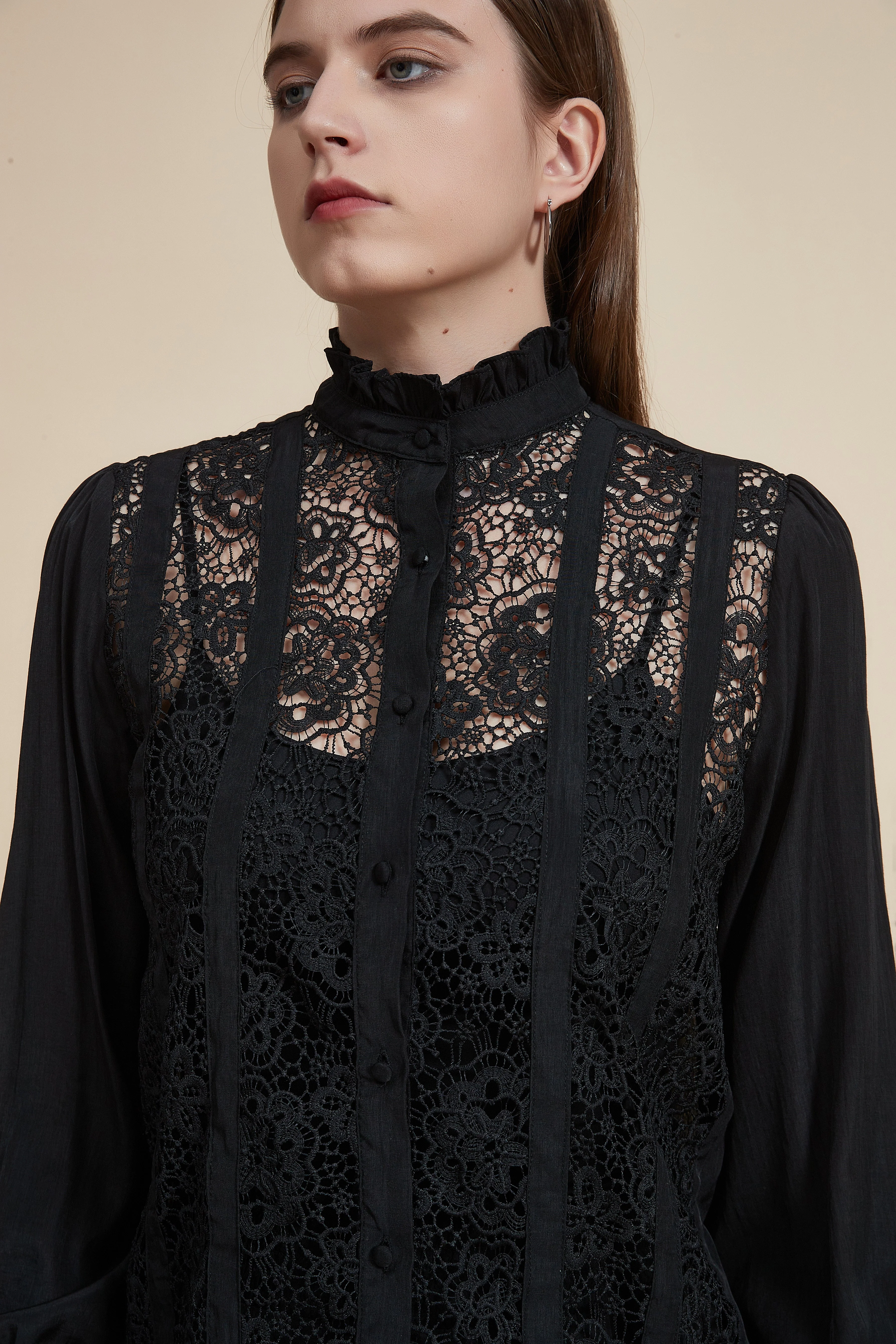 Long Sleeve Blouse with Lace and High Neck - Image 4