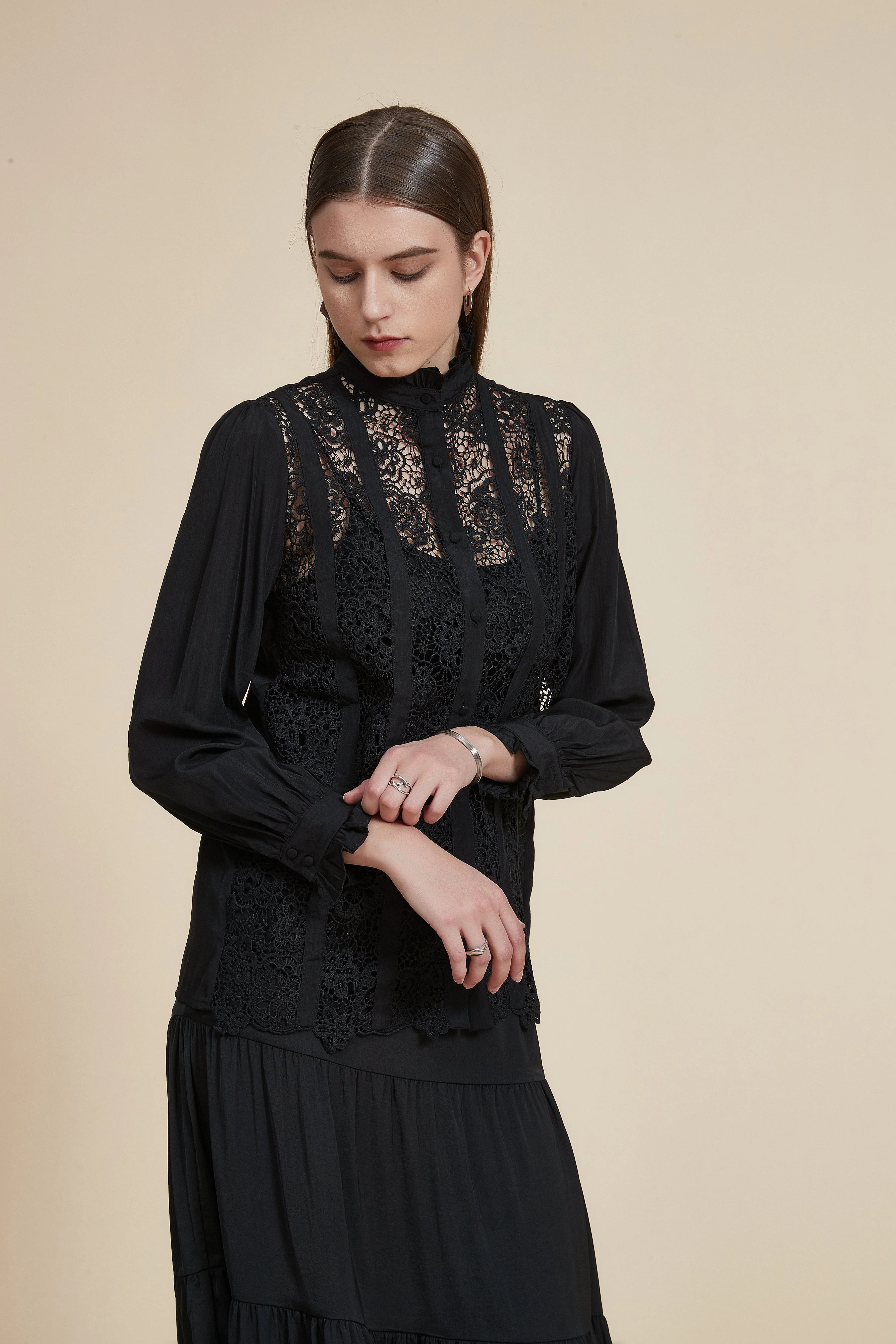 Long Sleeve Blouse with Lace and High Neck - Image 5