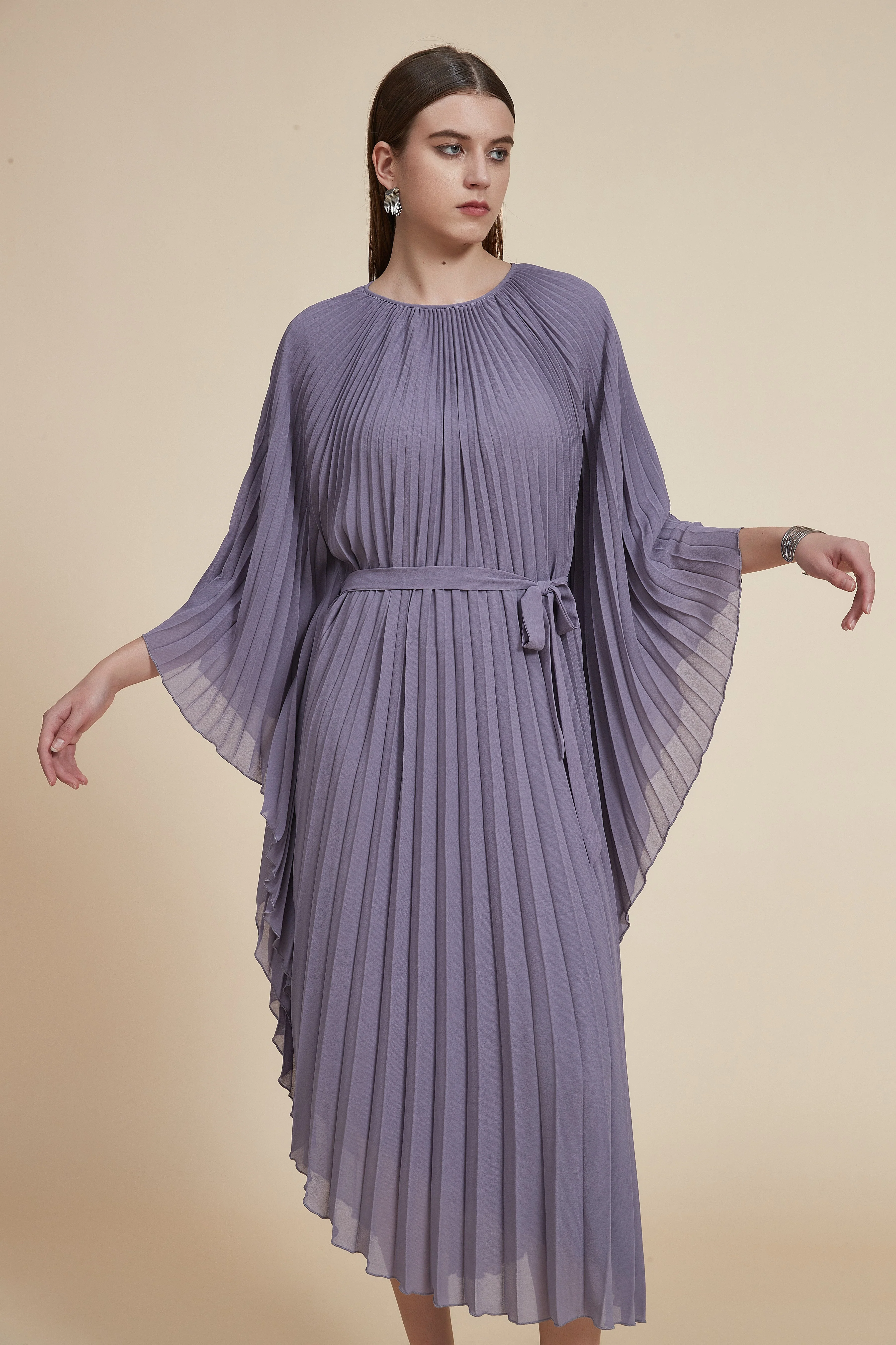 Plain Midi Dress with Pleats, Butterfly Sleeves