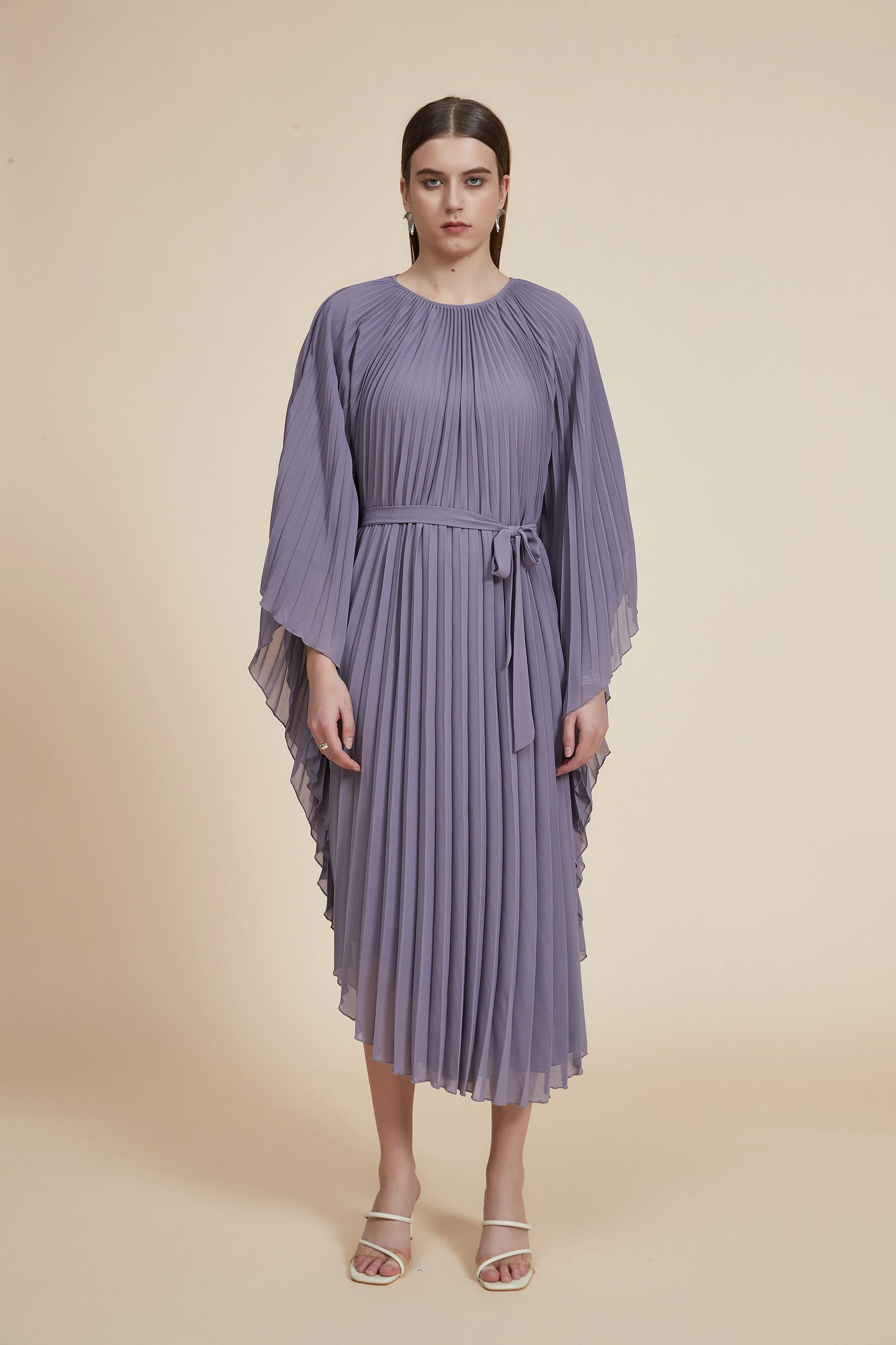 Plain Midi Dress with Pleats, Butterfly Sleeves - Image 2