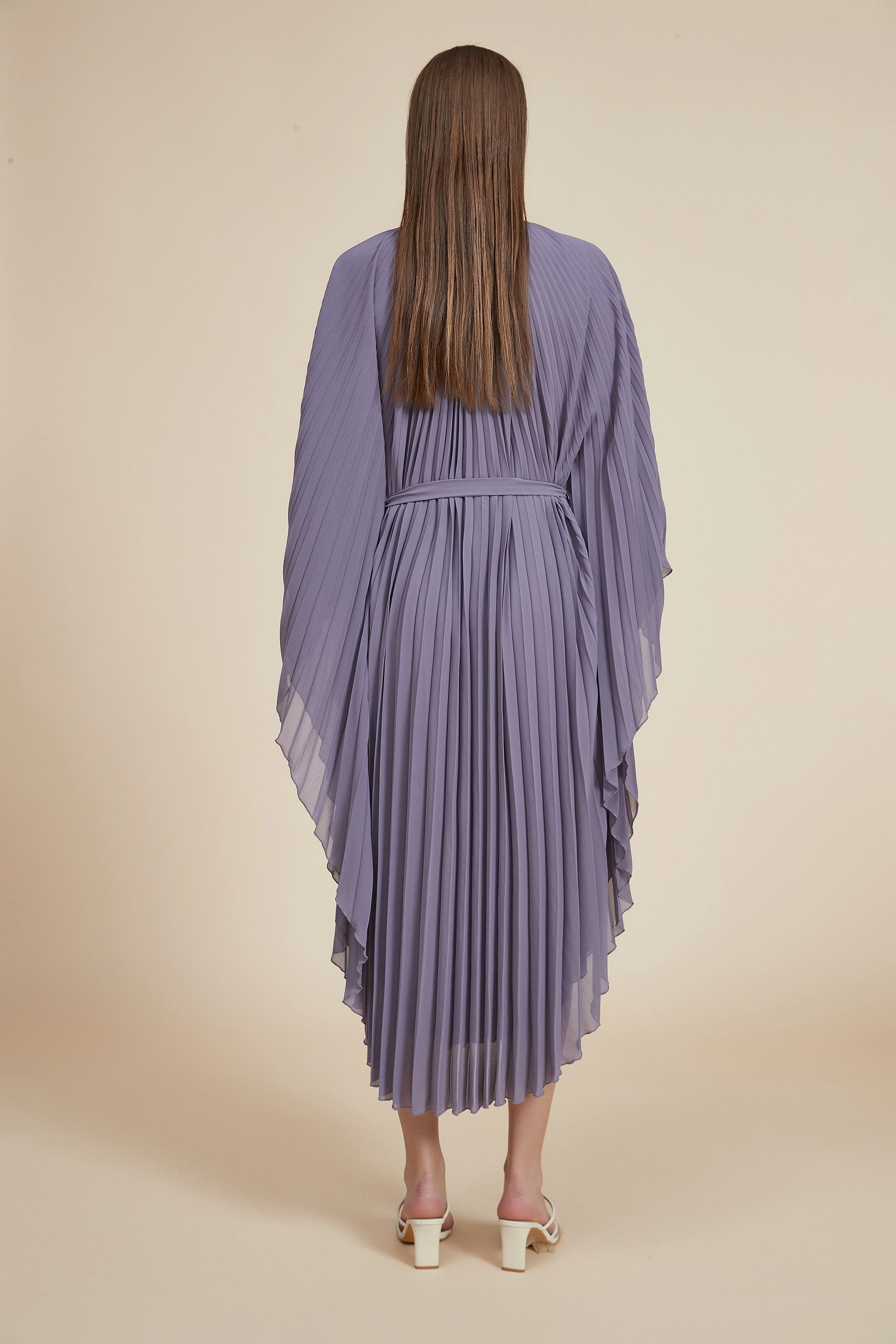 Plain Midi Dress with Pleats, Butterfly Sleeves - Image 3
