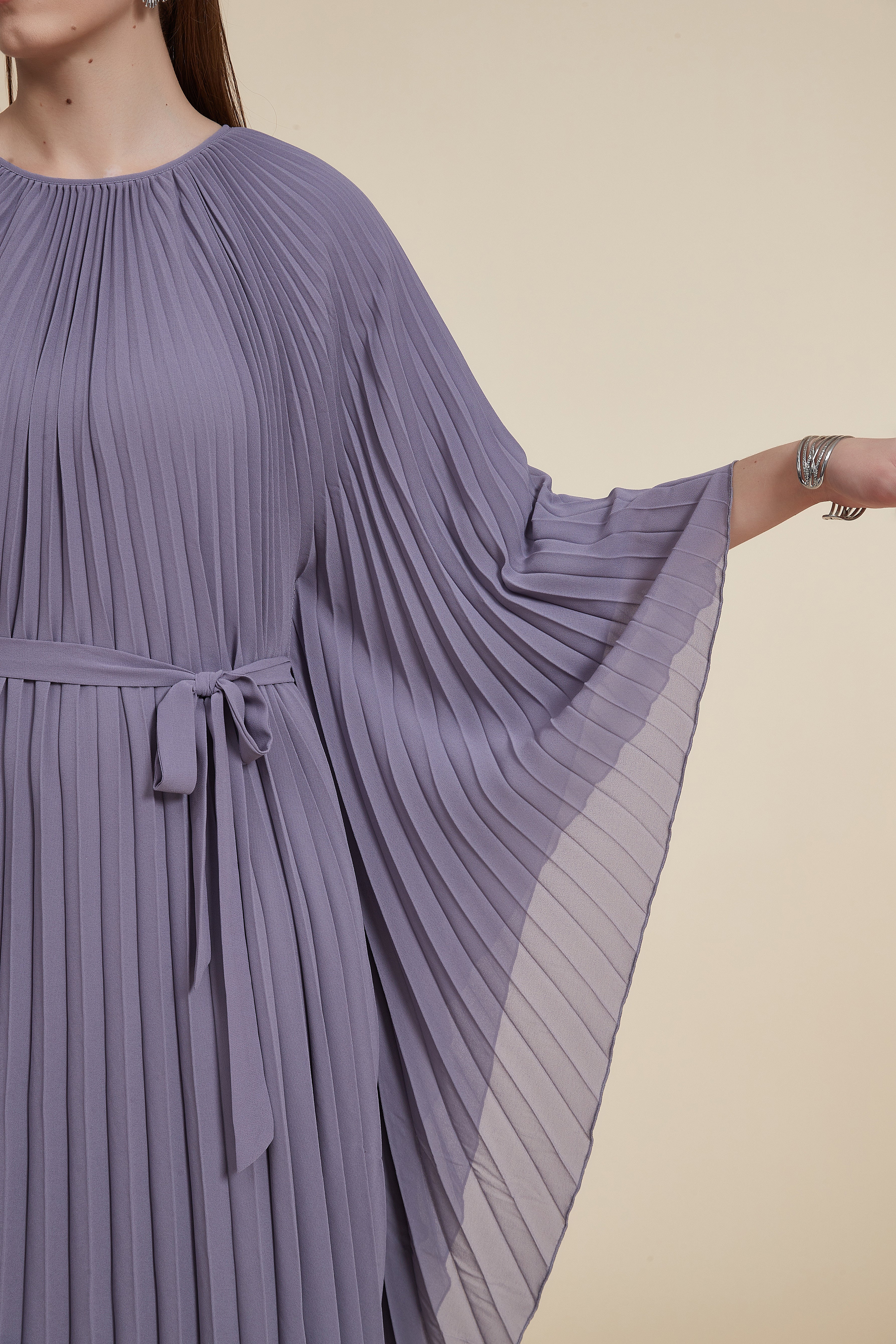Plain Midi Dress with Pleats, Butterfly Sleeves - Image 4
