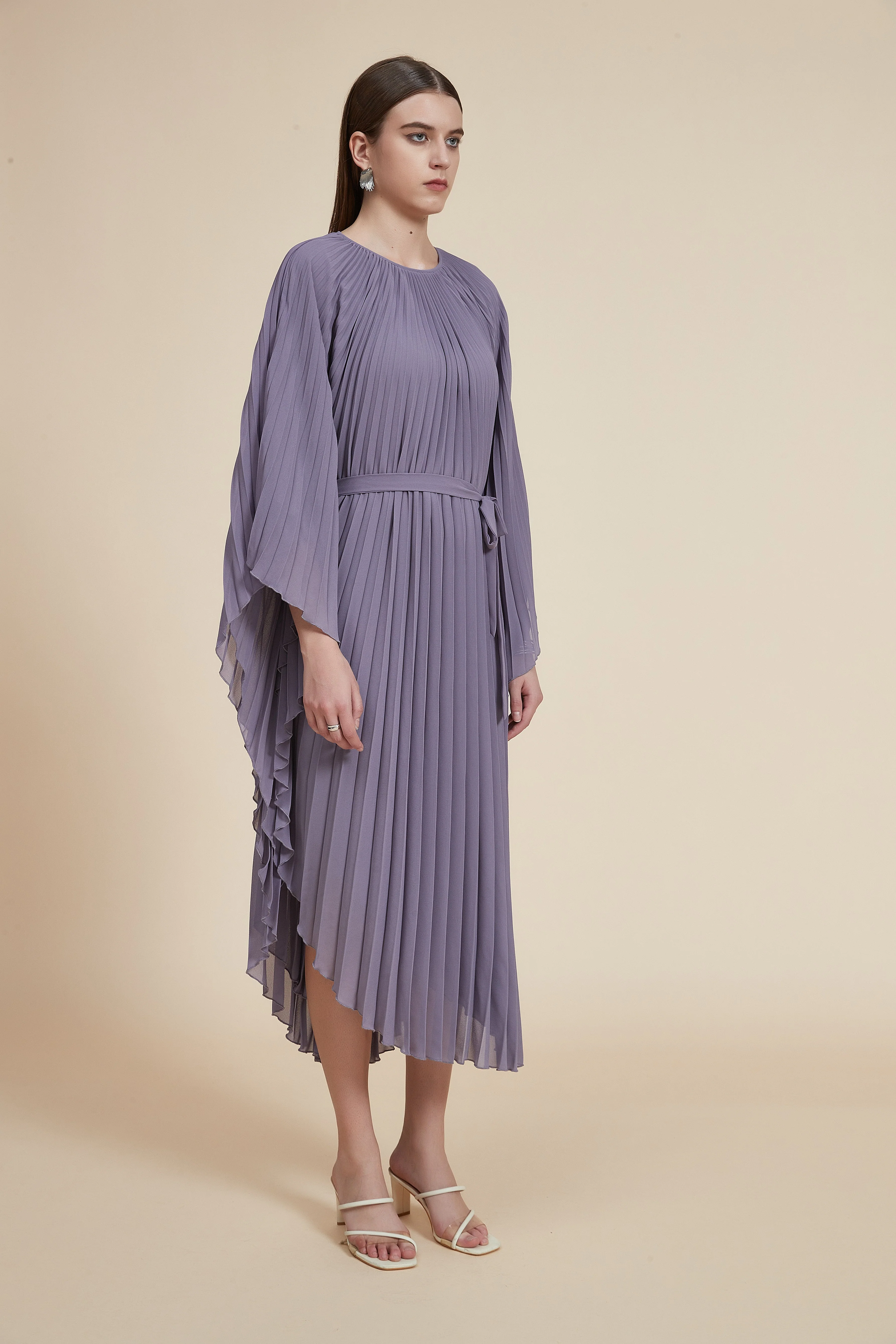 Plain Midi Dress with Pleats, Butterfly Sleeves - Image 5