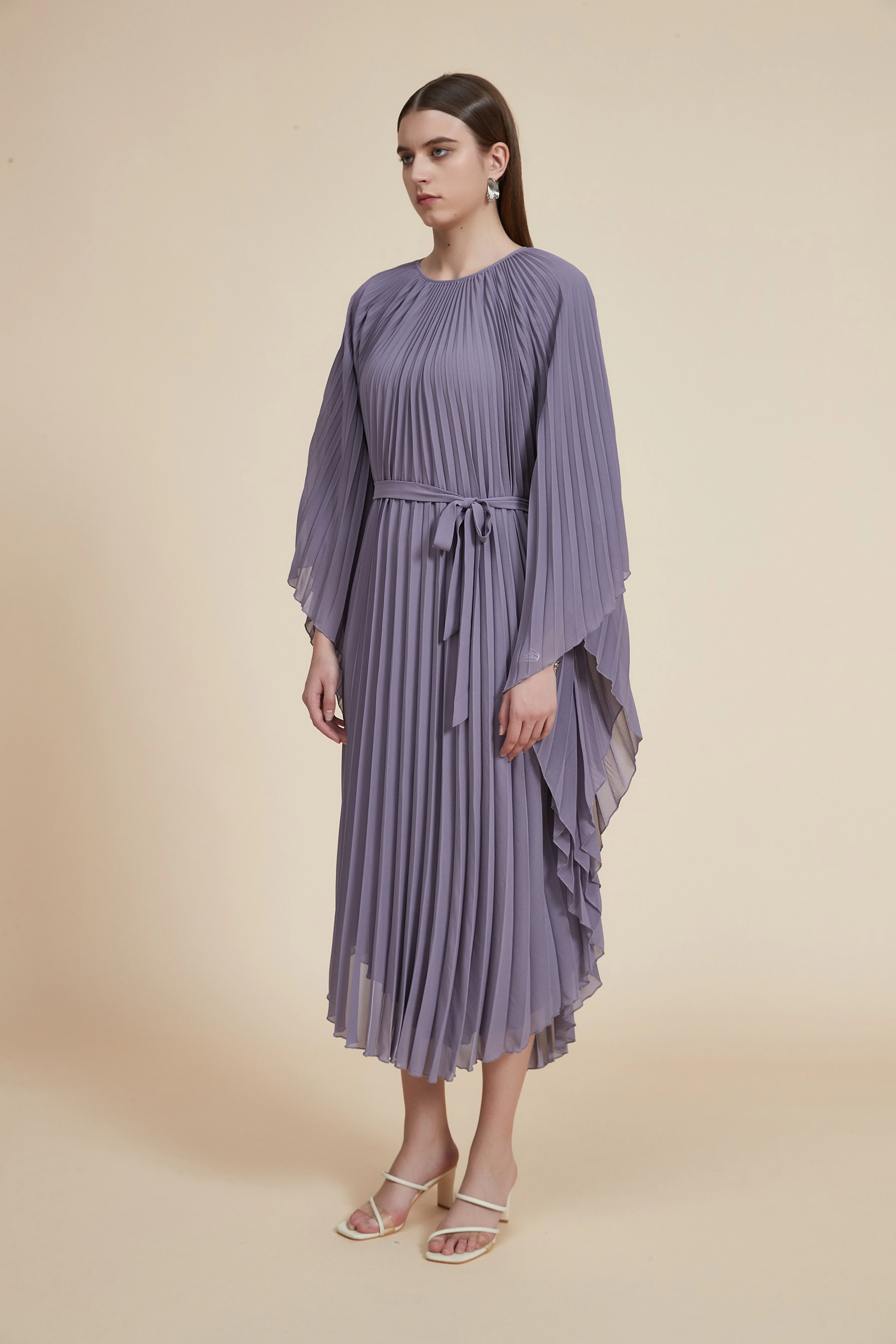 Plain Midi Dress with Pleats, Butterfly Sleeves - Image 6