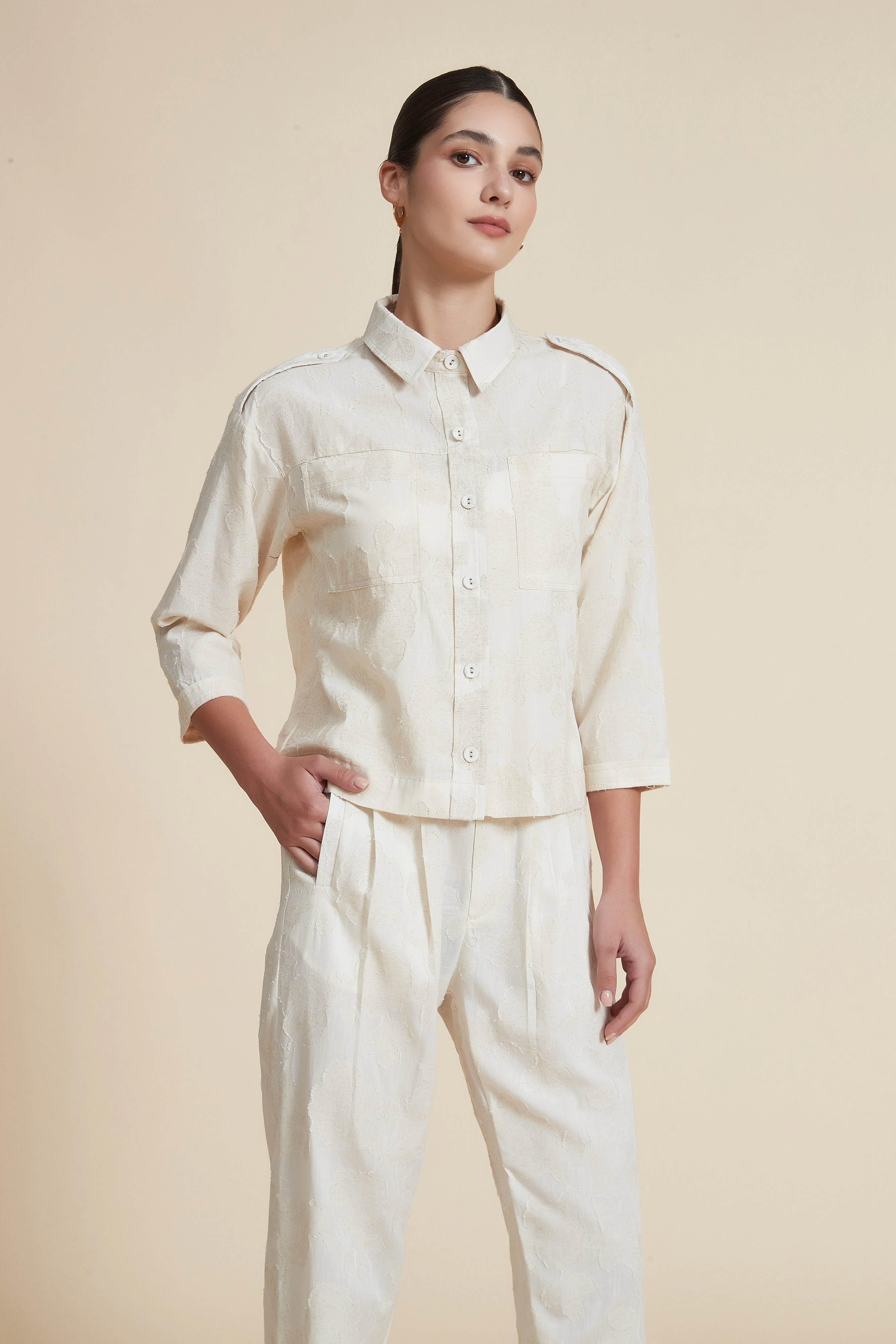 Plain Solid 3/4 Sleeve Blouse with Shirt Collar