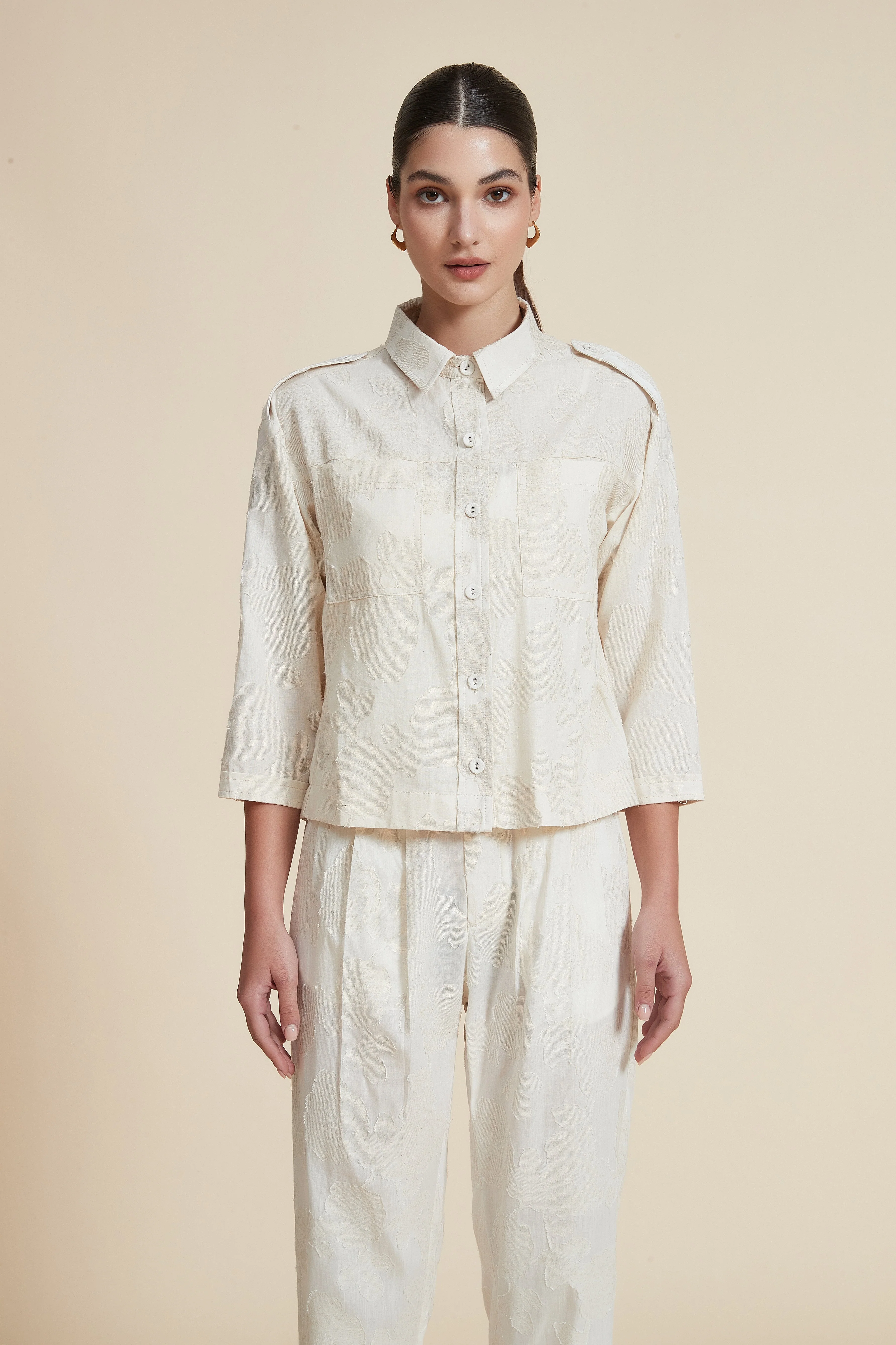 Plain Solid 3/4 Sleeve Blouse with Shirt Collar - Image 2
