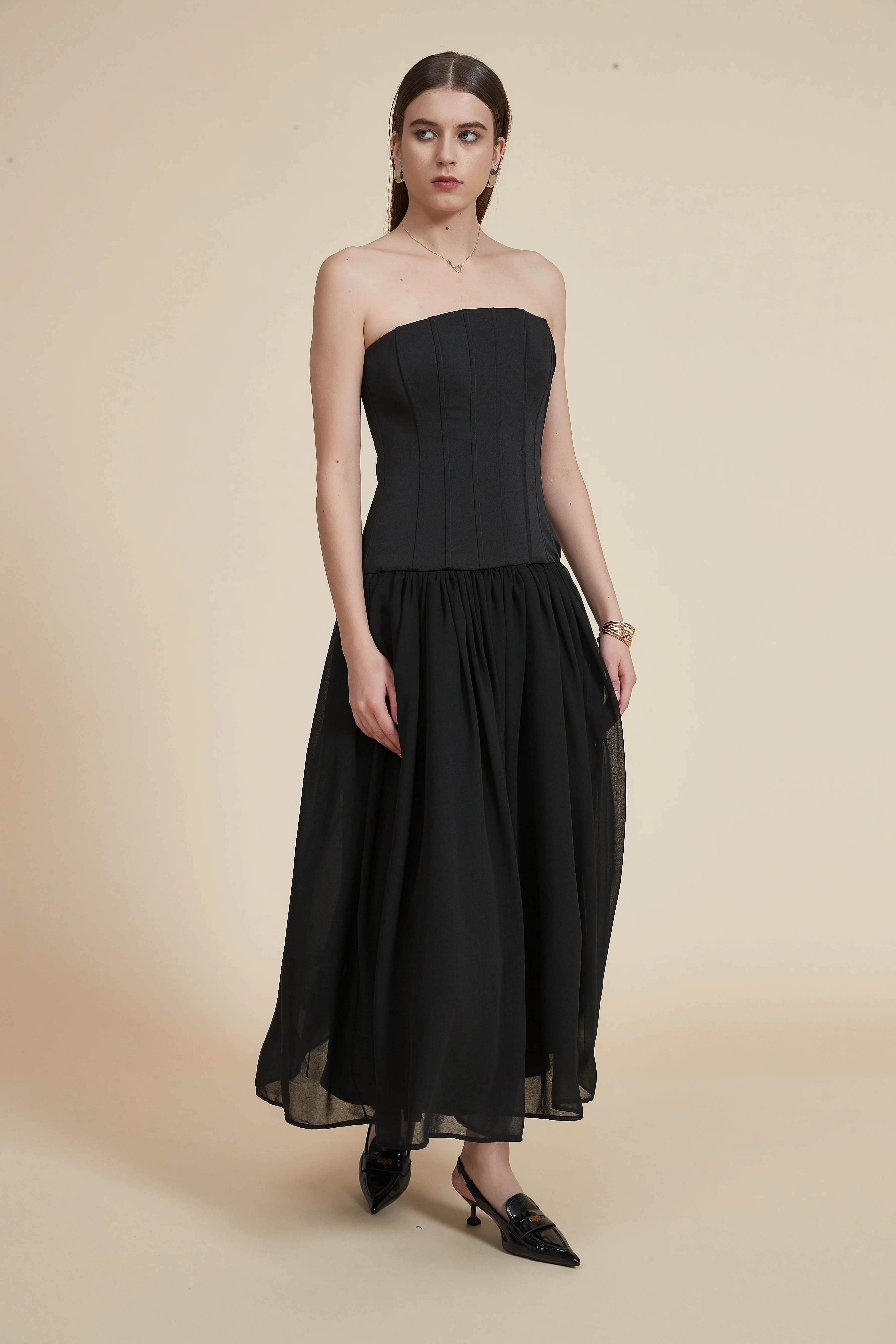 Long Ruffled Cape Dress