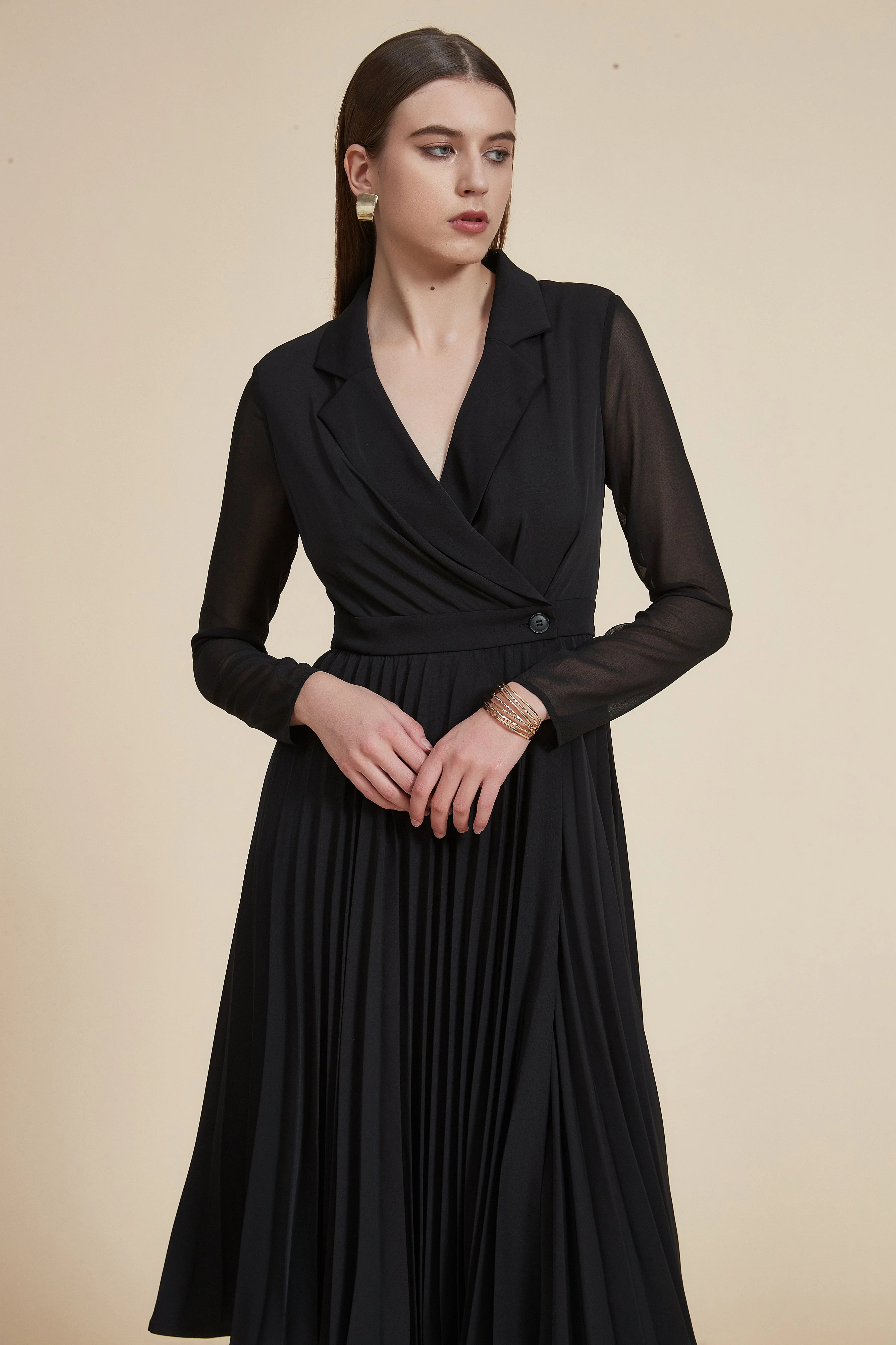 Pleated Long Sleeve Midi Dress - Image 3