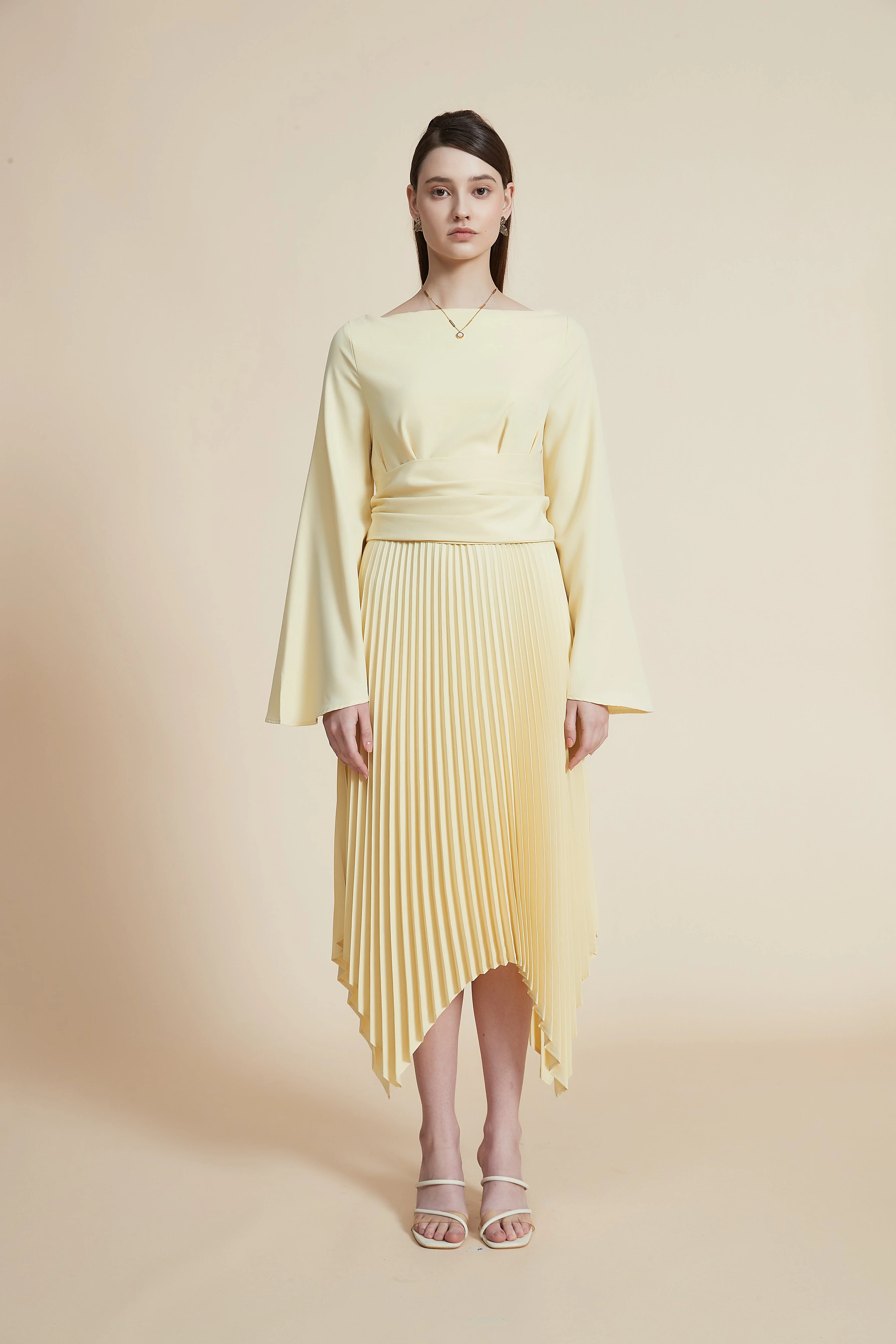 Plain Solid Long Sleeve Pleated Midi Dress - Image 2
