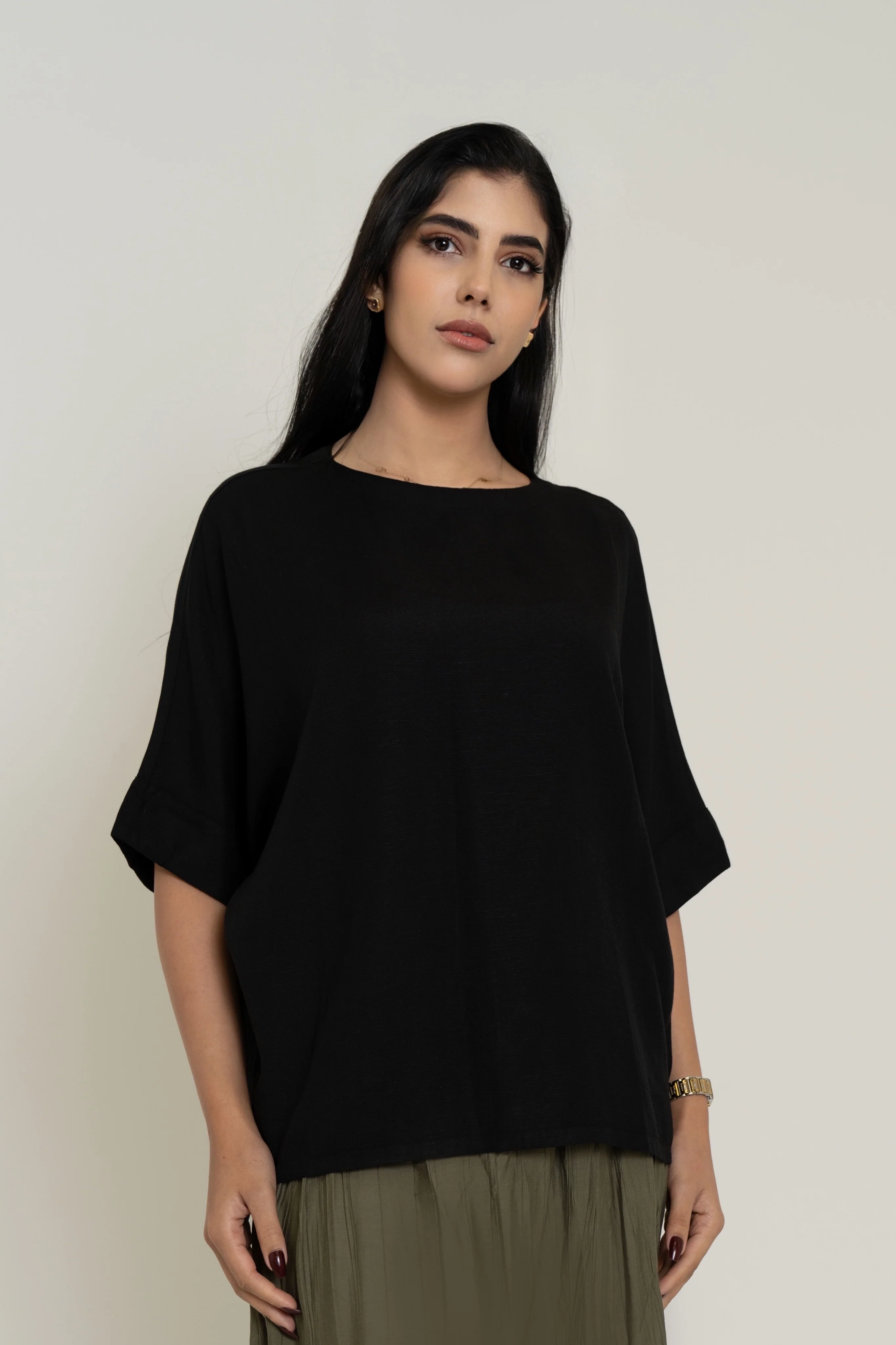 Plain Women's Blouse with Half Sleeves and Round Neckline