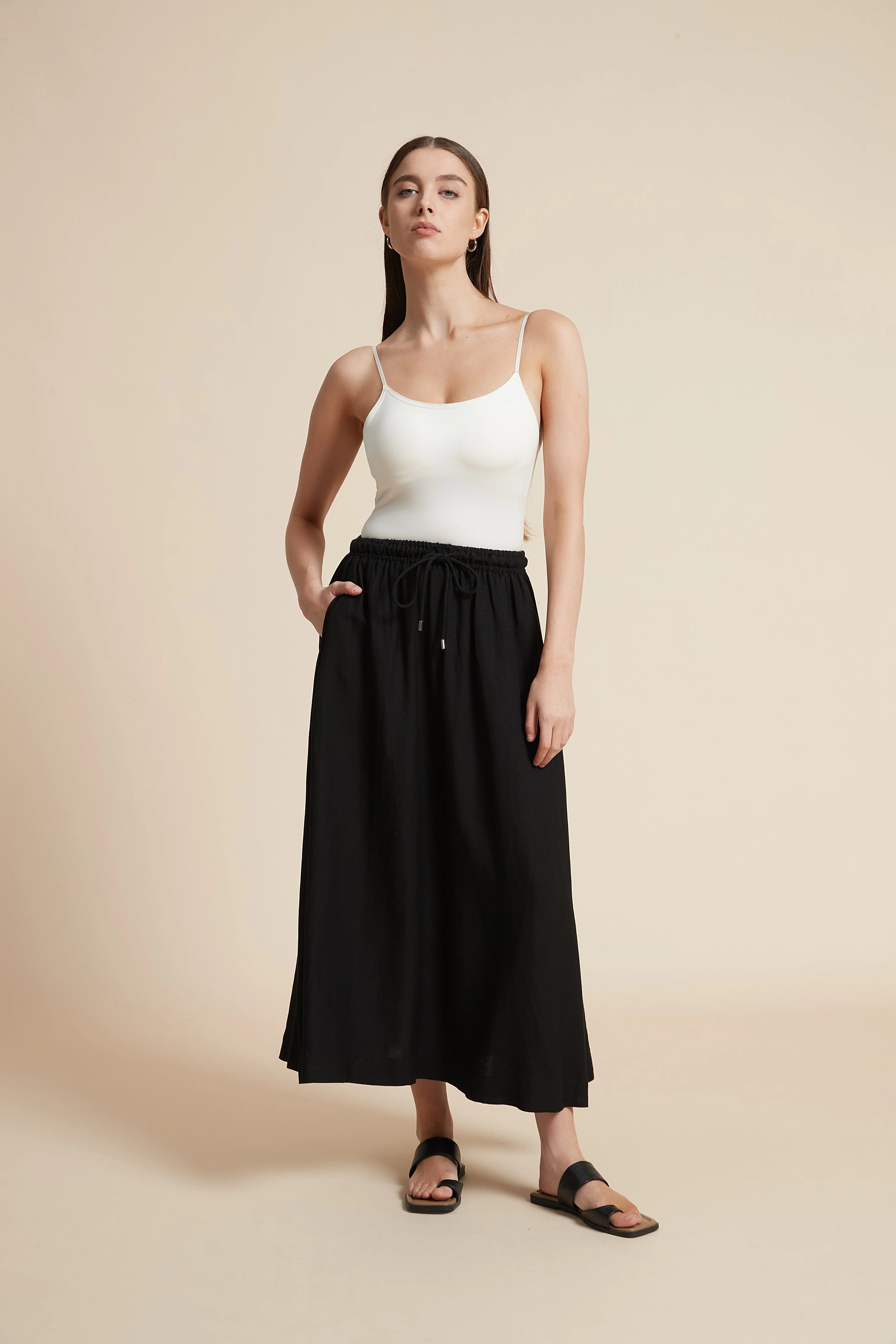 Plain Midi Skirt with Flared Cut and Waist Tie - Image 13